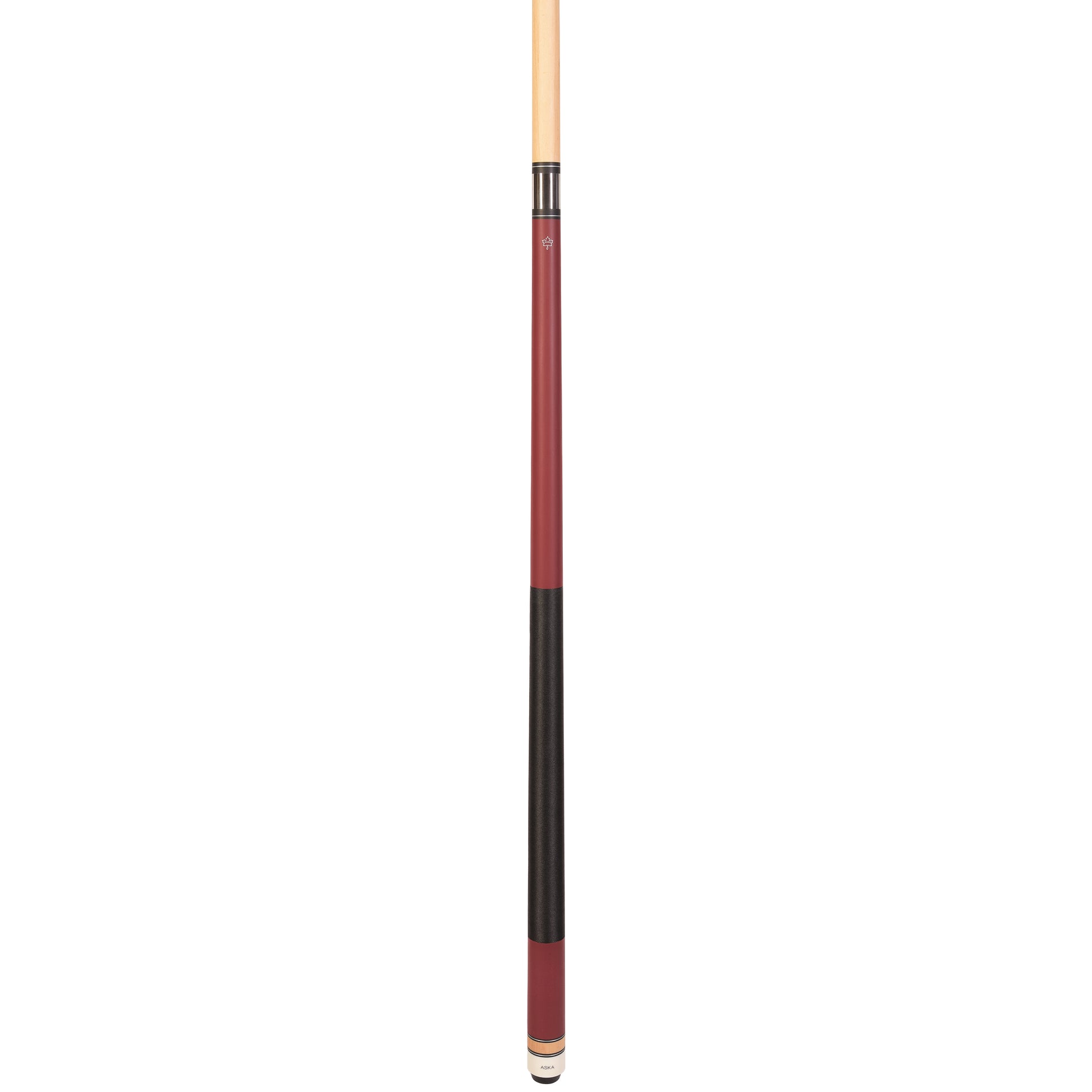 Cue stick showing the red and black grip section and butt end.