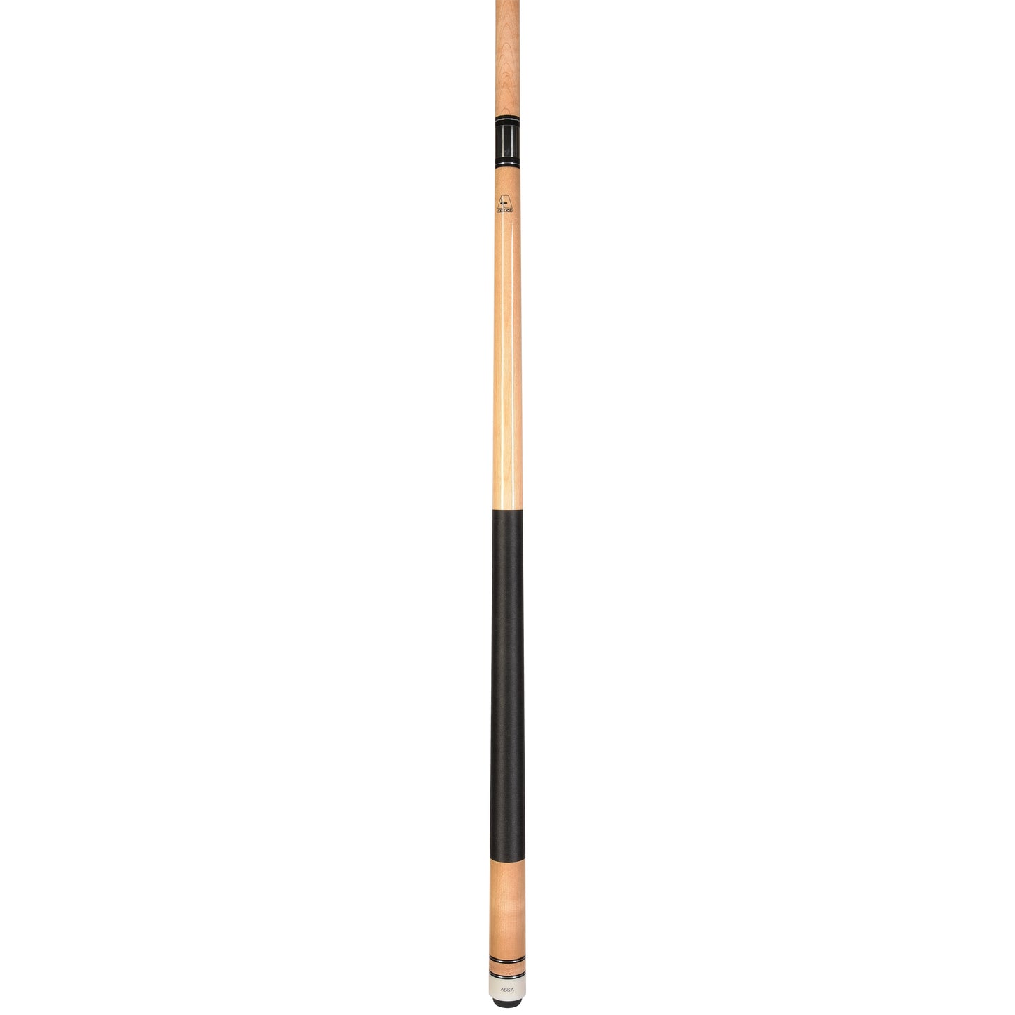 Close-up profile of the pool cue's grip and natural wood sections.