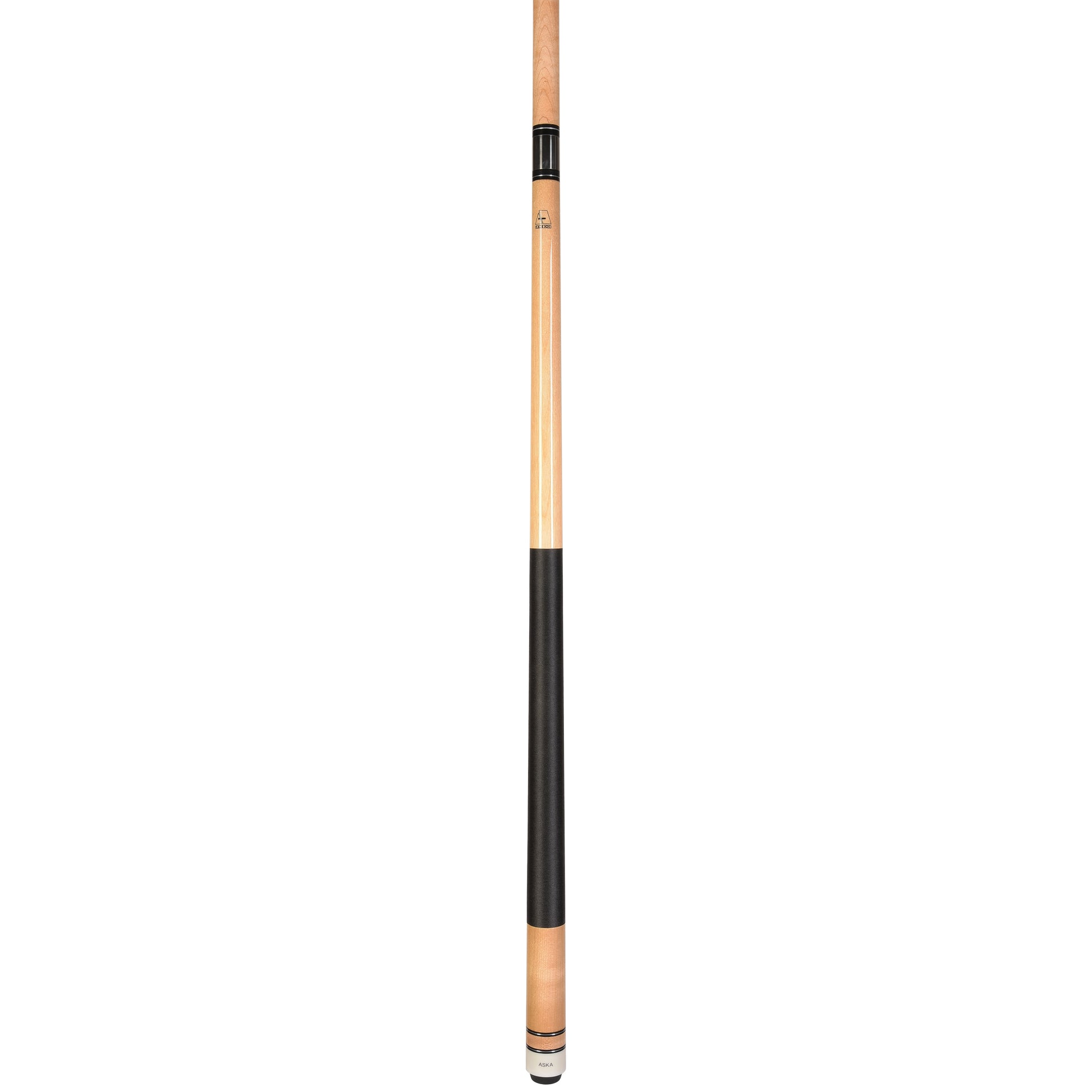 Close-up profile of the pool cue's grip and natural wood sections.