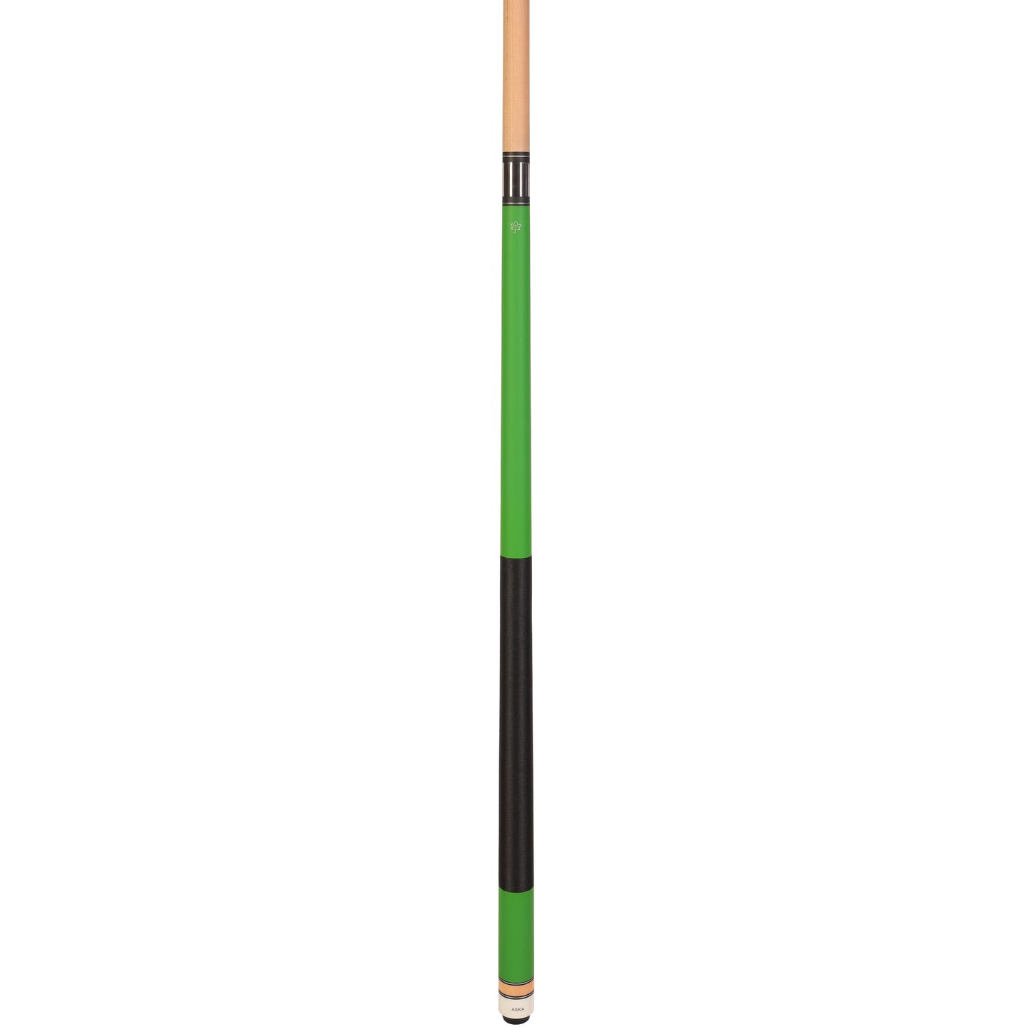 One piece pool cue stick with black grip and green forearm