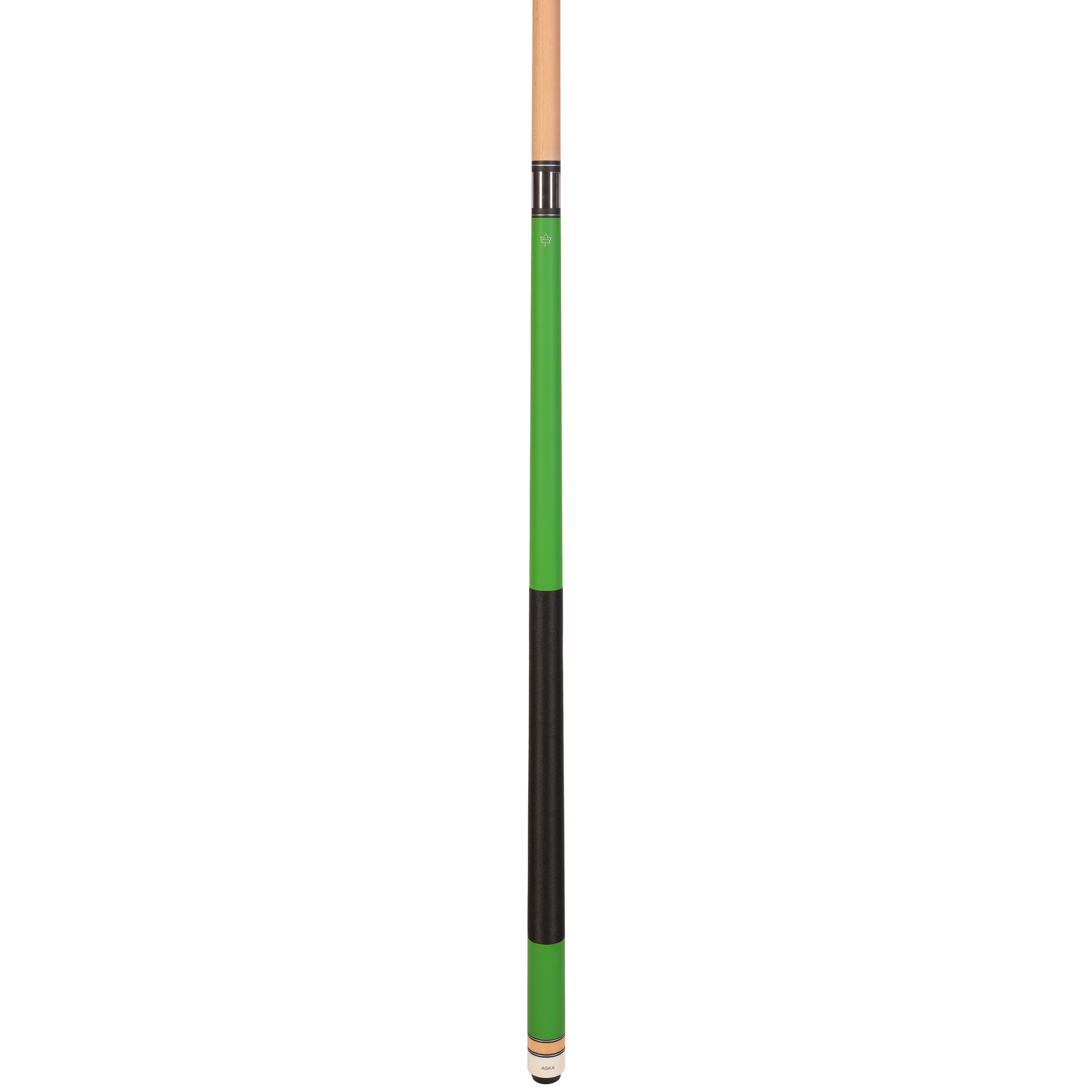 One piece pool cue stick with black grip and green forearm