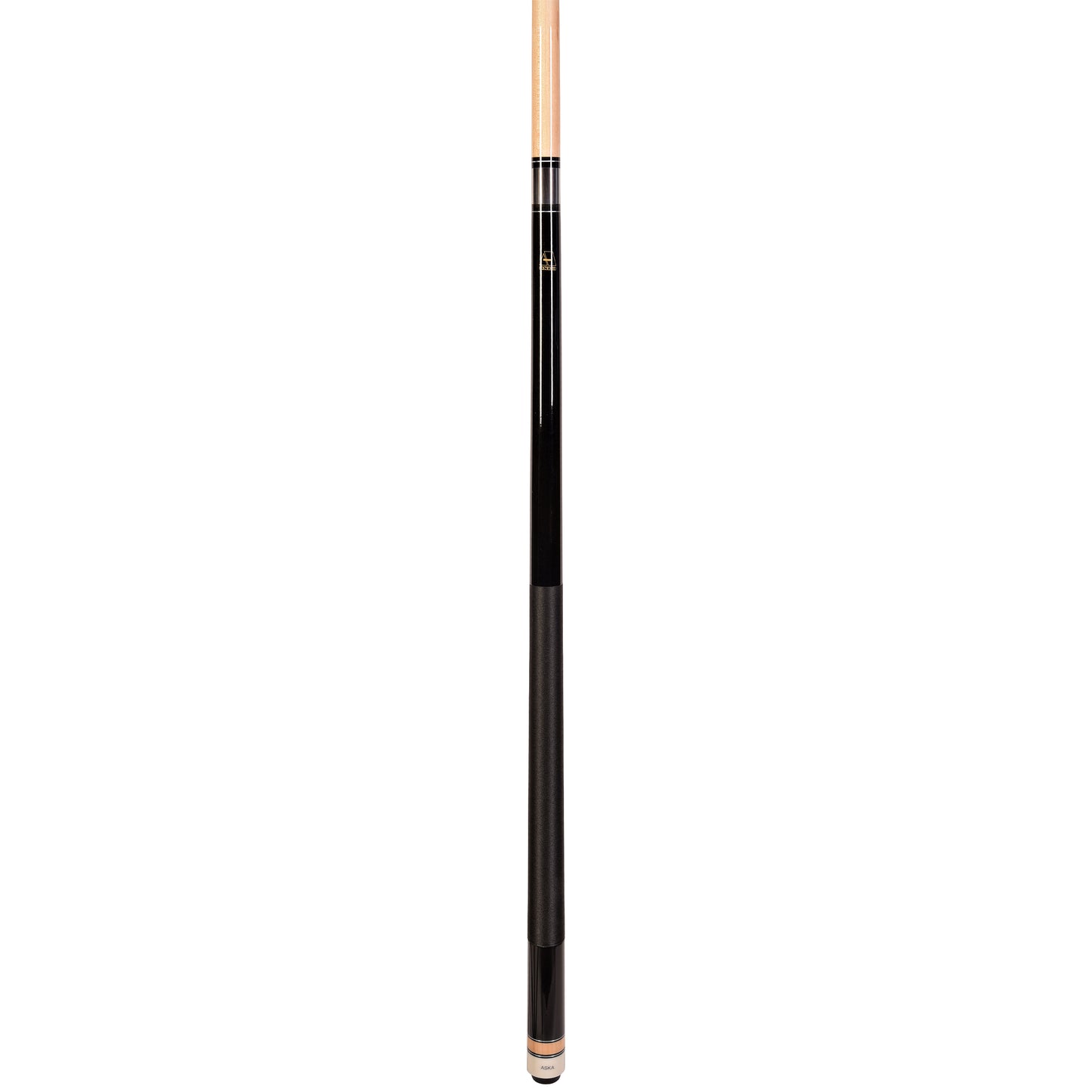 Angled profile view of a black cue stick with white accents.