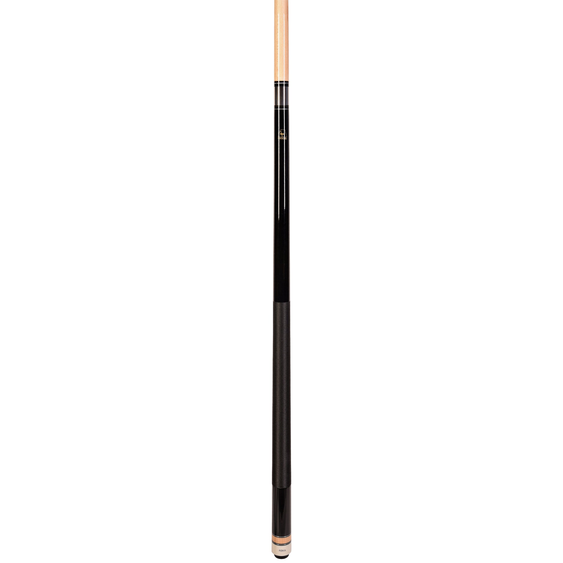 Angled profile view of a black cue stick with white accents.
