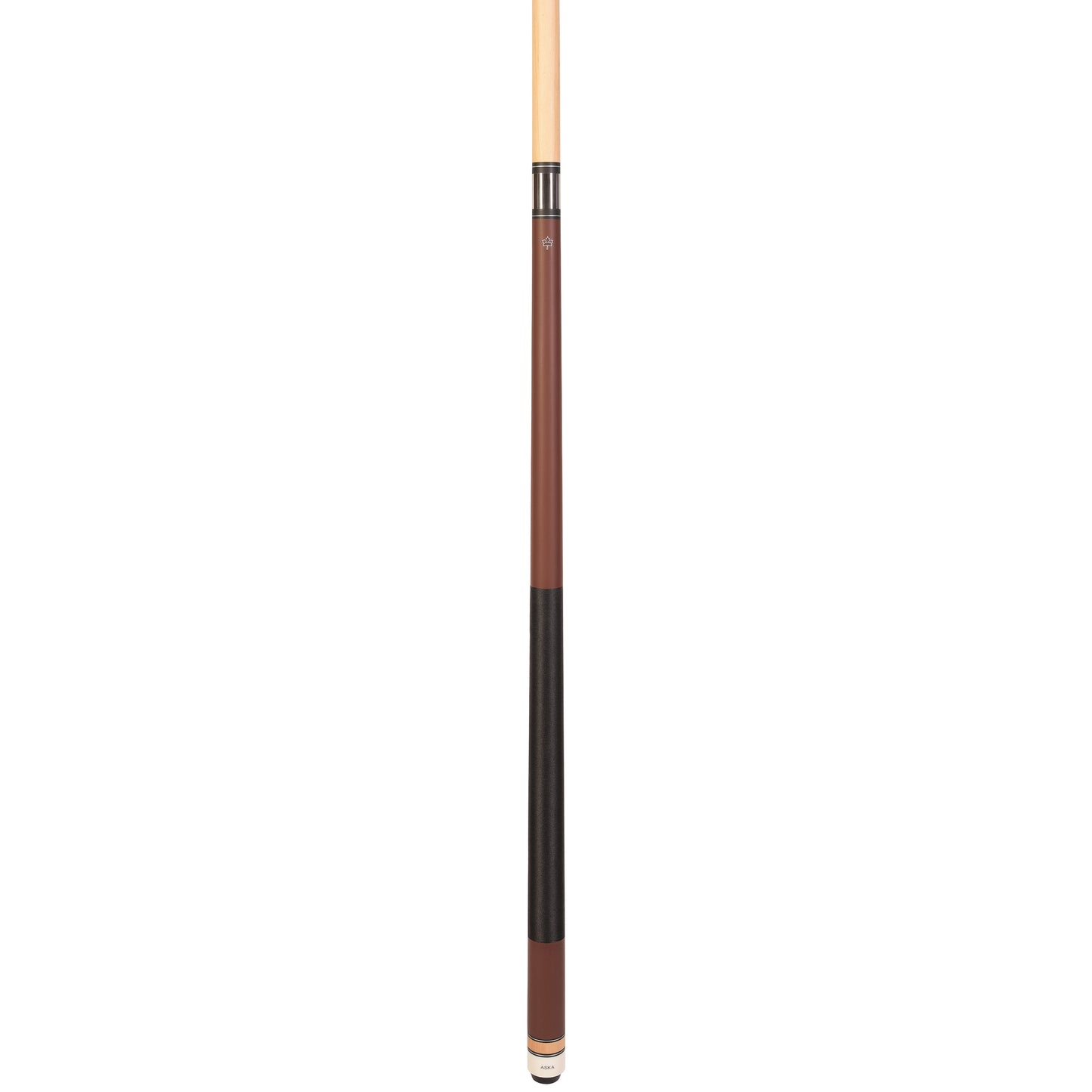 Angled view of the assembled pool cue stick's center section.