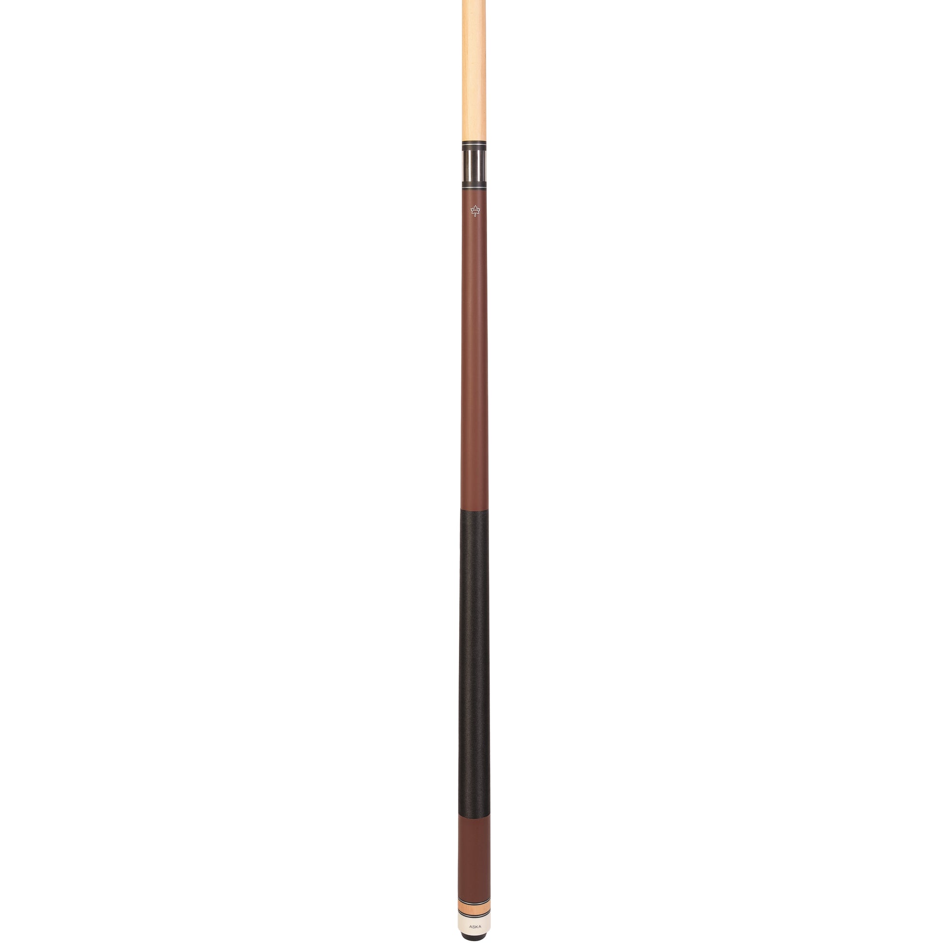 Angled view of the assembled pool cue stick's center section.