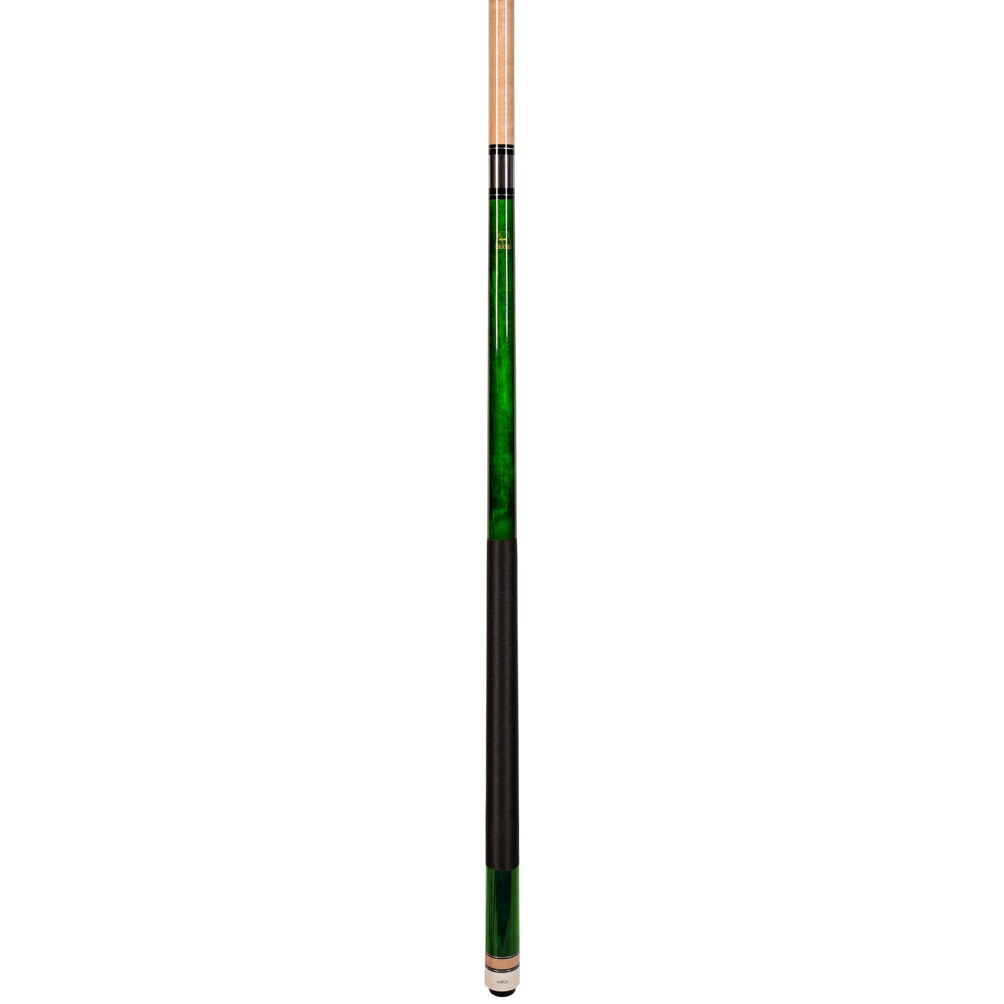 Angled view of the assembled pool cue stick with green design elements.