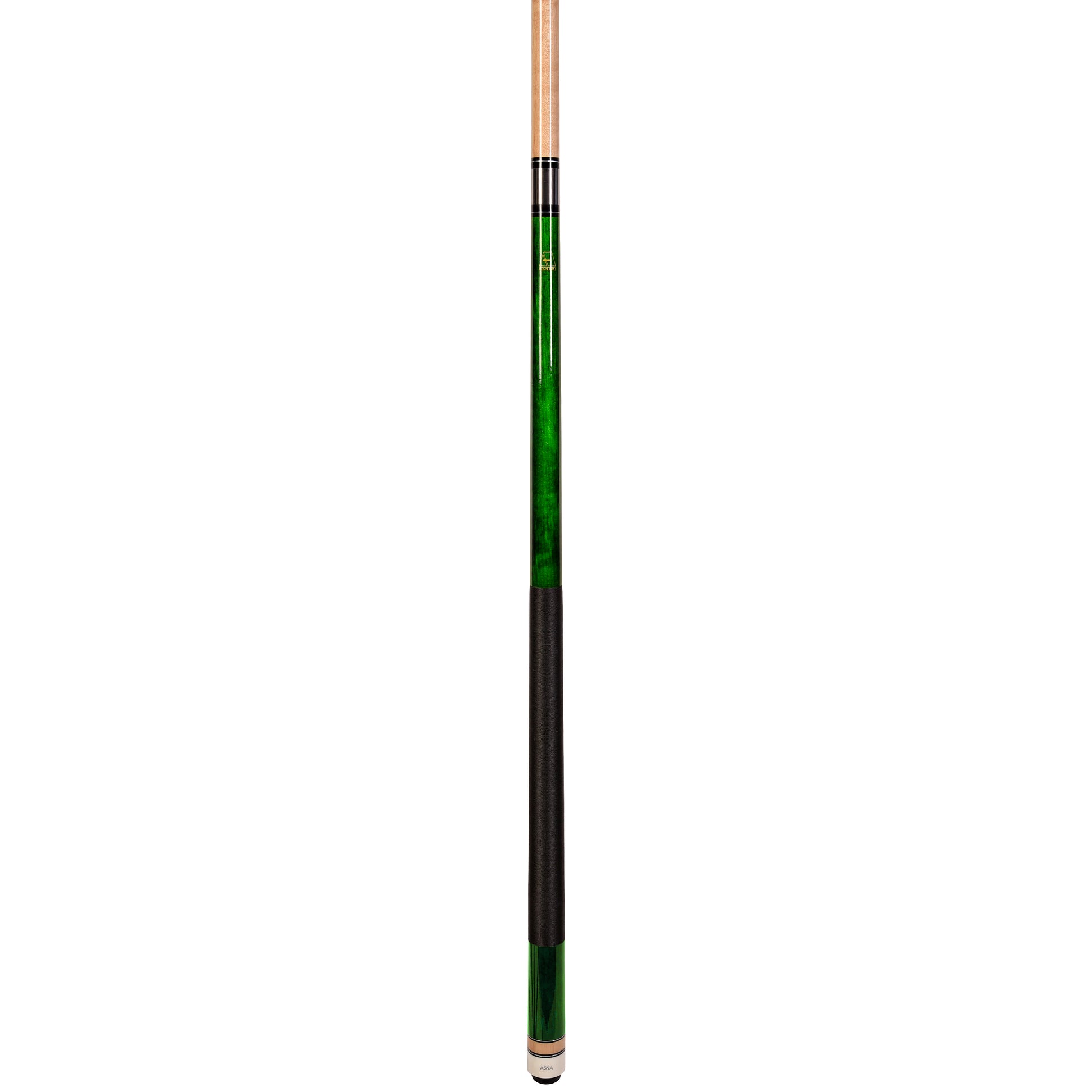 Angled view of the assembled pool cue stick with green design elements.