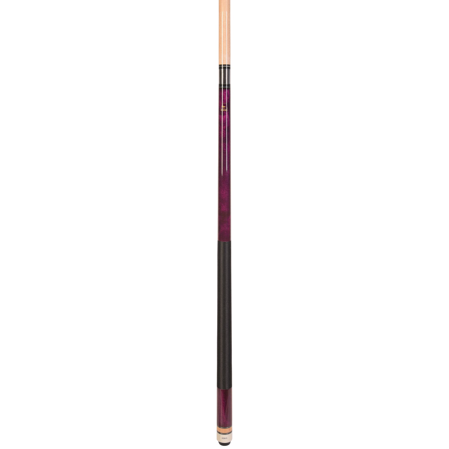 Angled view of the purple pool cue stick with black grip.