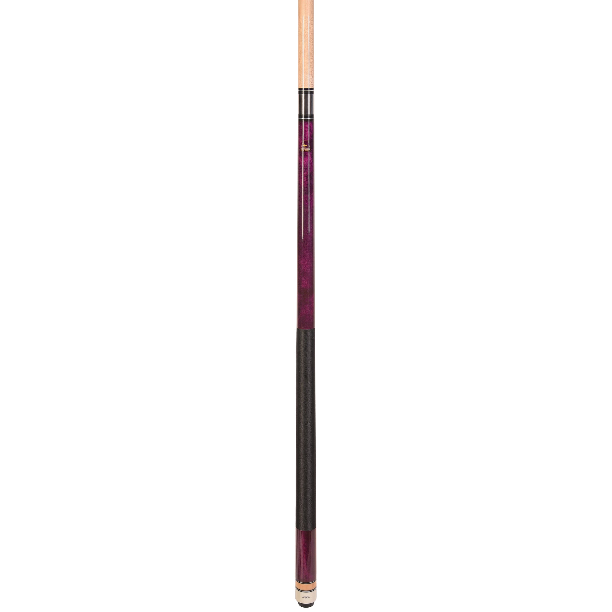 Angled view of the purple pool cue stick with black grip.