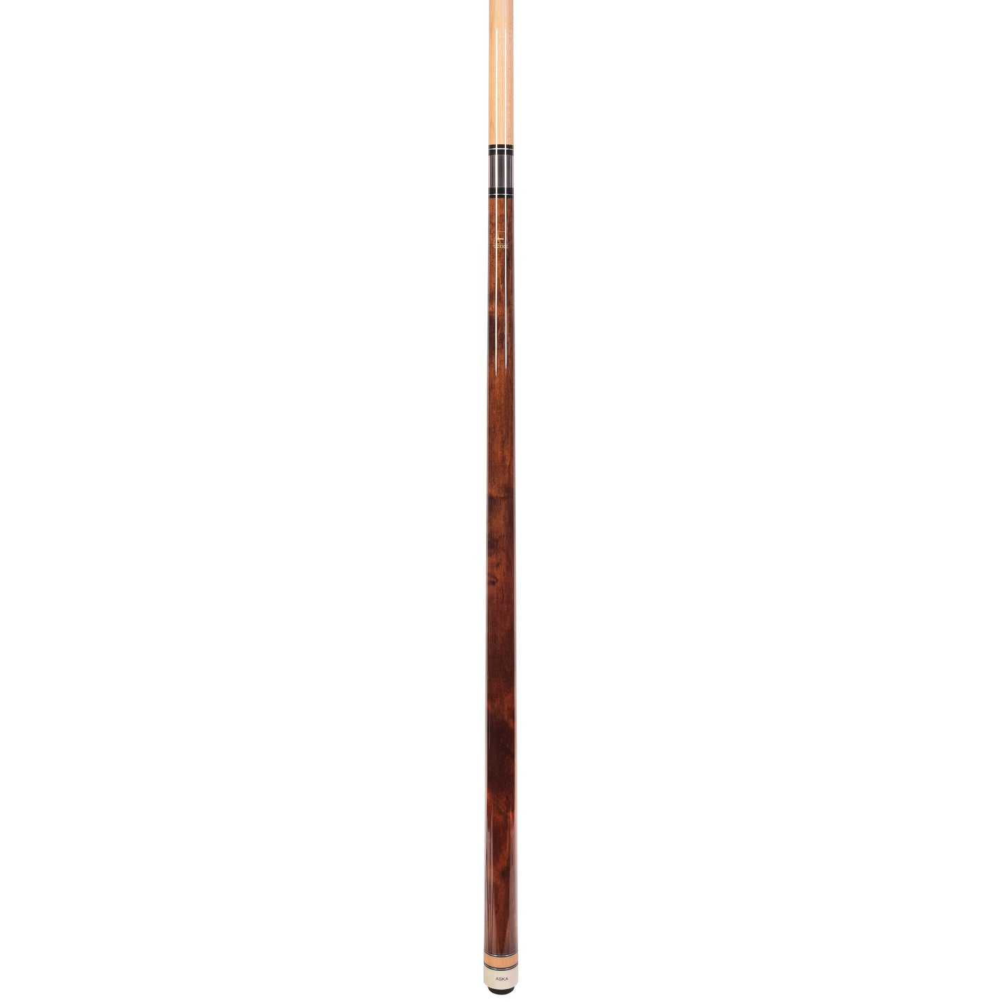 Profile view of a brown no wrap pool cue stick.