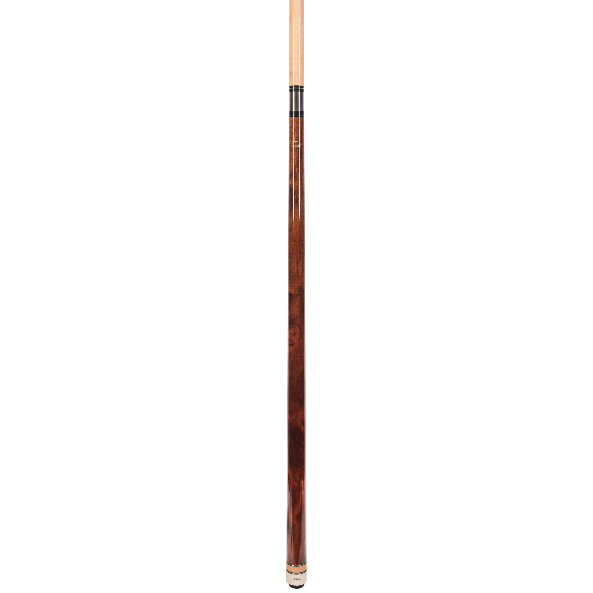 Profile view of a brown no wrap pool cue stick.