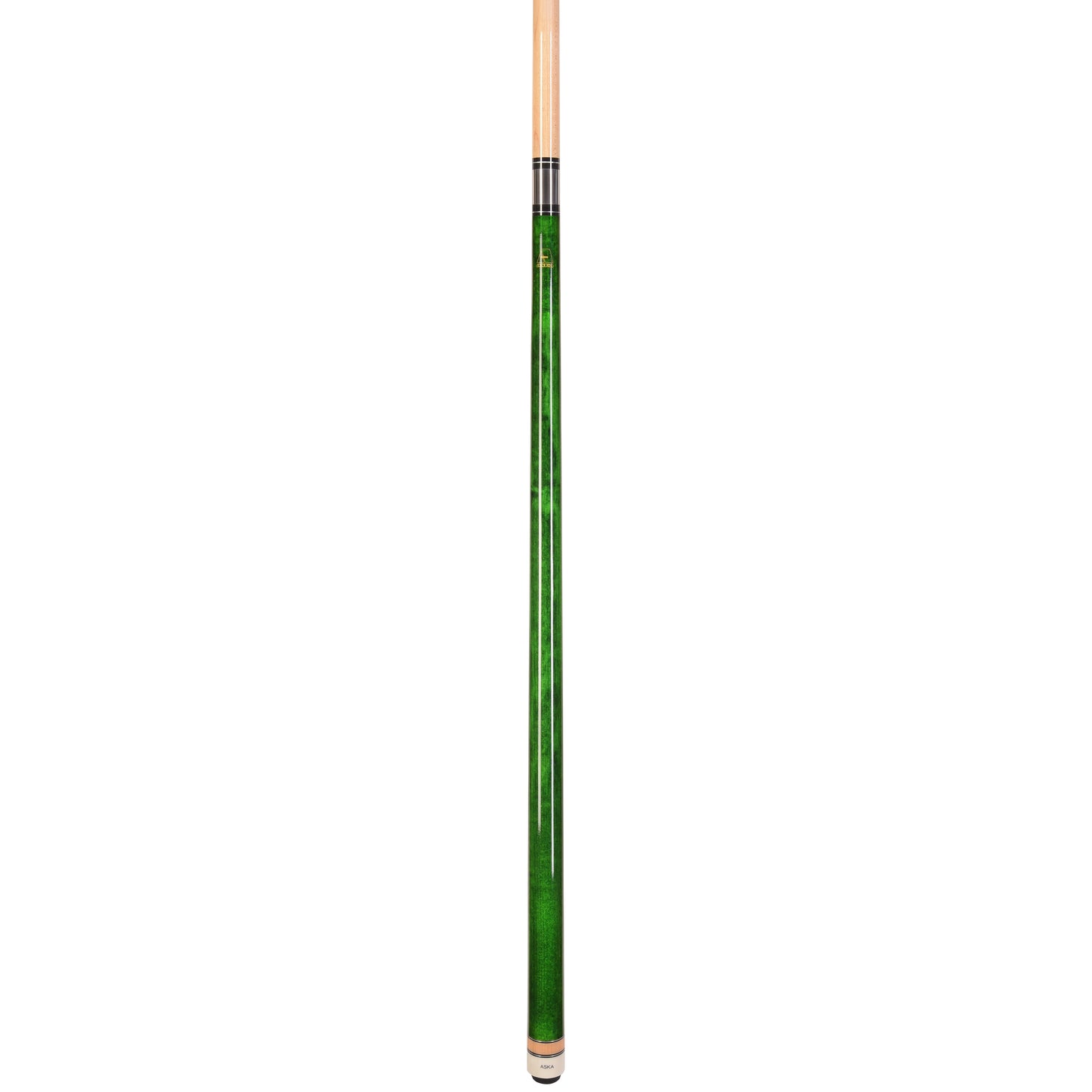 Full length view of a green pool cue stick with a white butt cap.