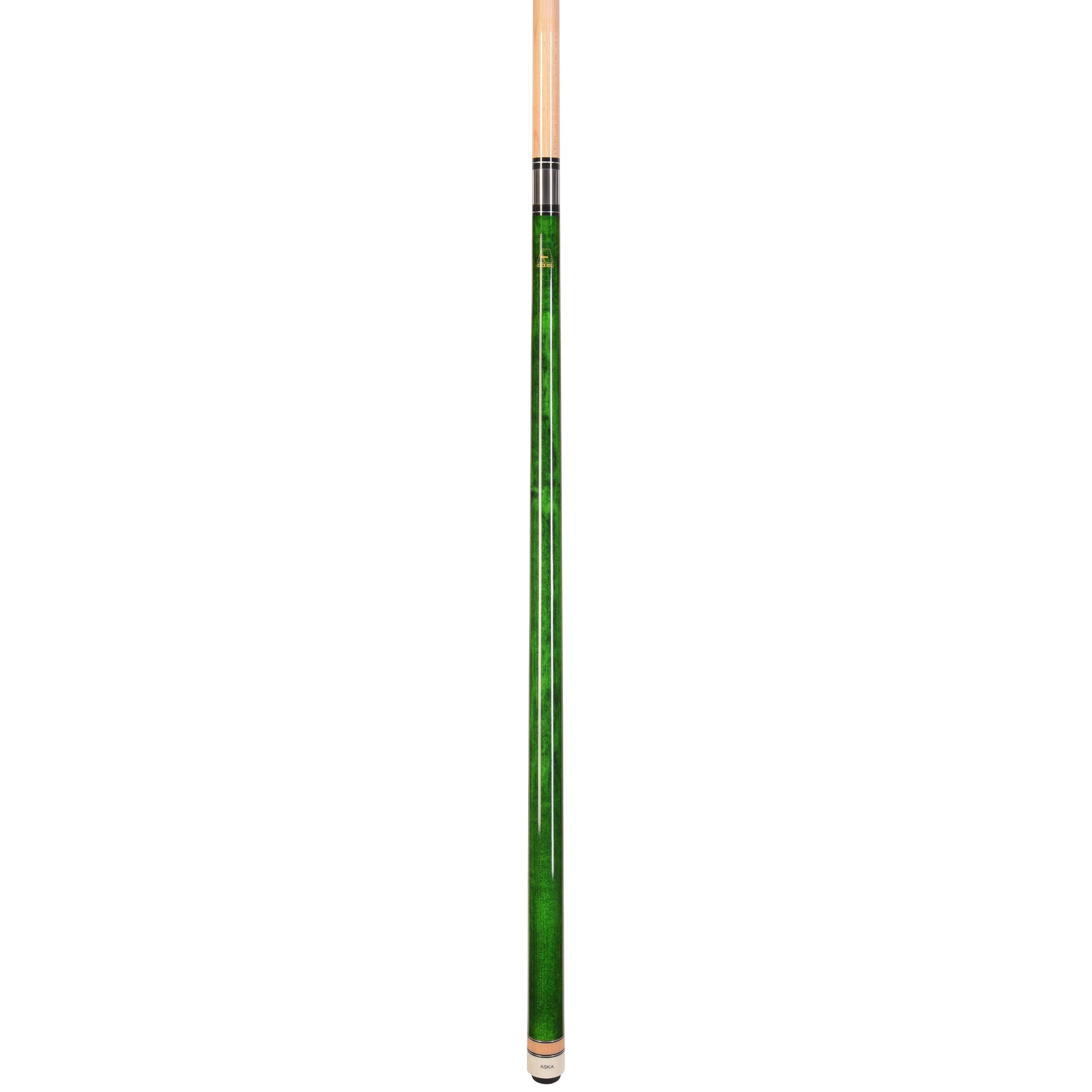 Full length view of a green pool cue stick with a white butt cap.