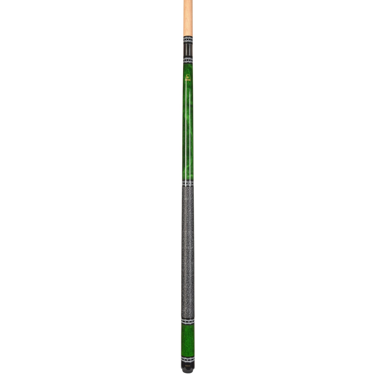 Pool cue showing its full length and green design.