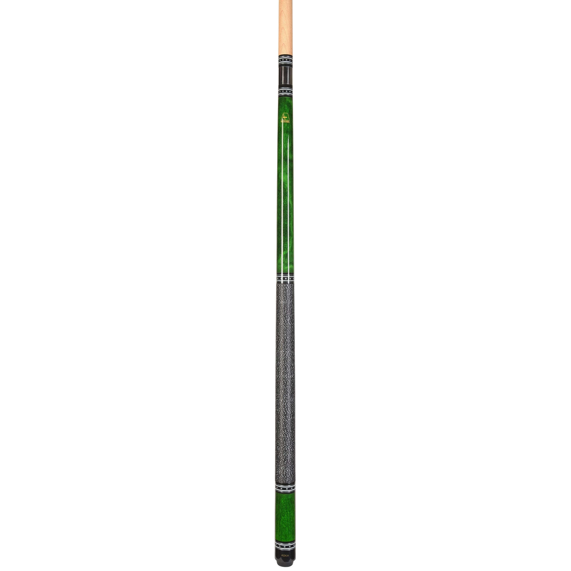 Pool cue showing its full length and green design.