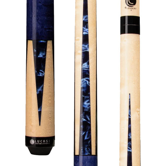 Lucasi LZC16 Natural Birdseye Maple Wrapless Cue with Blue Luster Inlays - full view