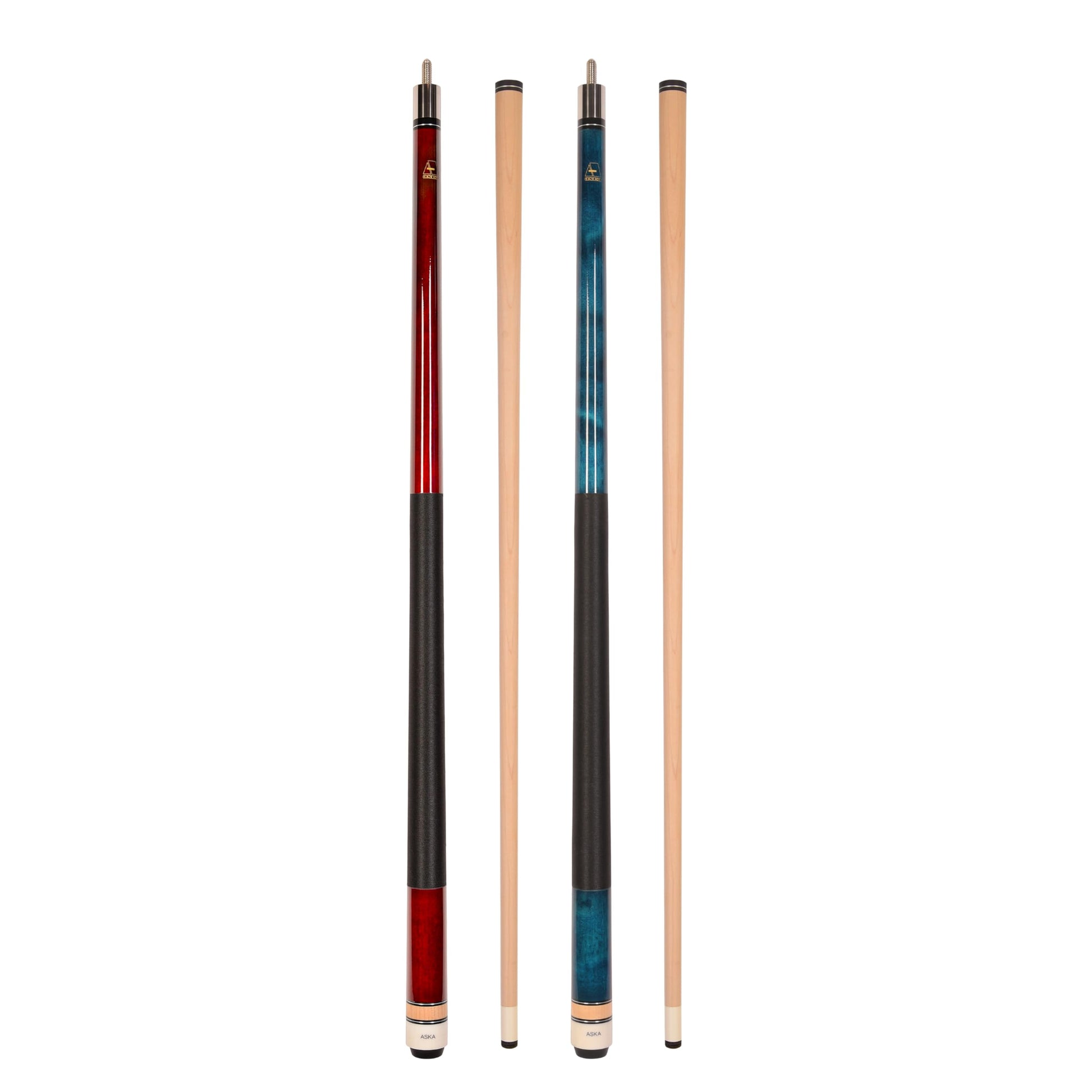ASKA Set of 2 Pool Cue Sticks - Red 18 oz and Blue 20 oz, nylon wrap