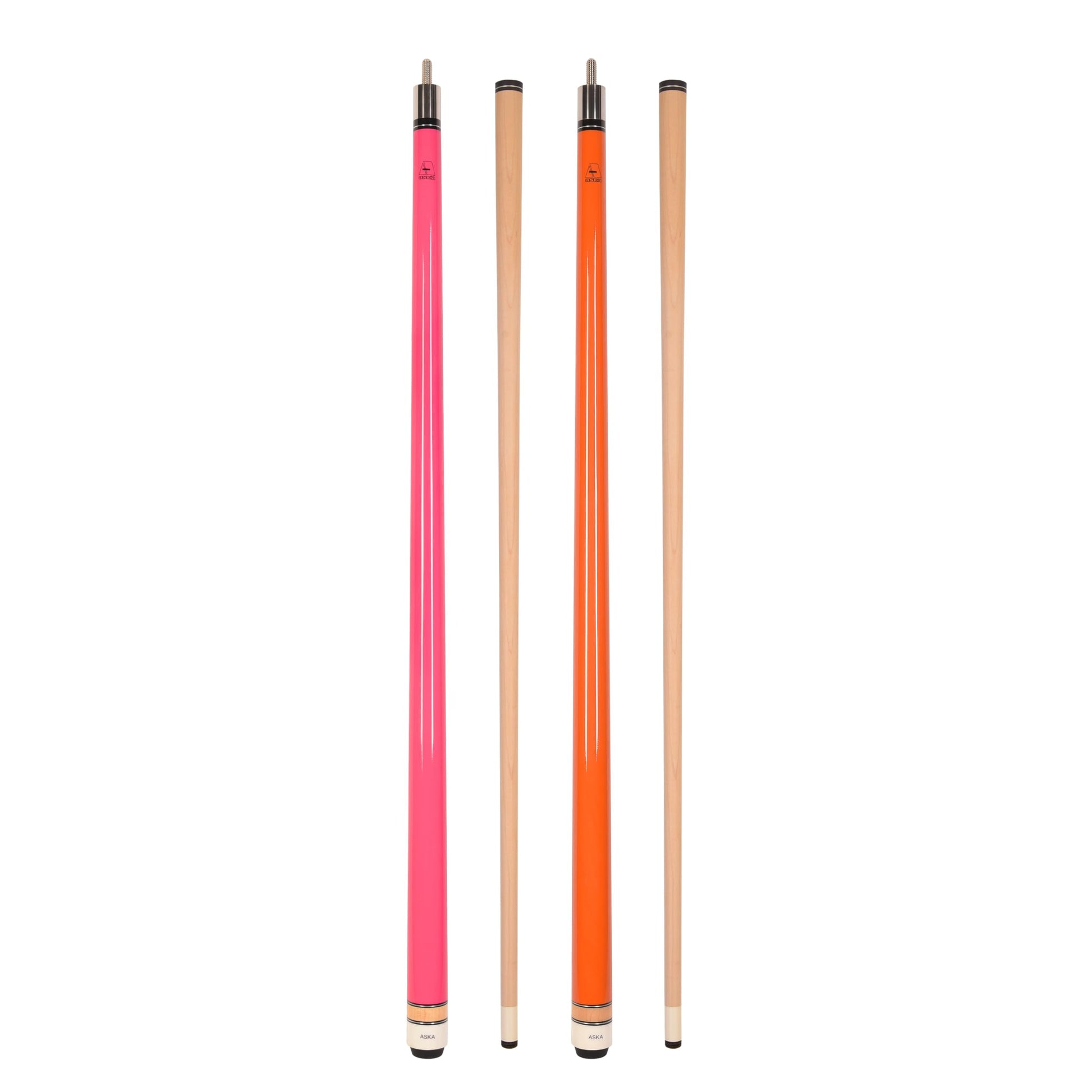 ASKA Set of 2 Pool Cue Sticks - Pink 19 oz and Orange 19 oz, wrapless
