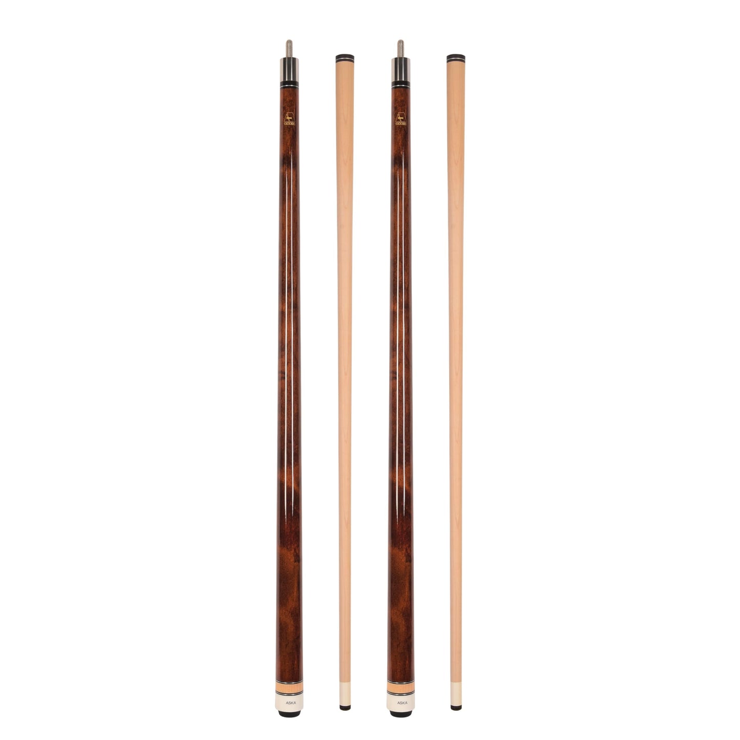 ASKA Set of 2 Pool Cue Sticks - two Brown 19 oz, wrapless