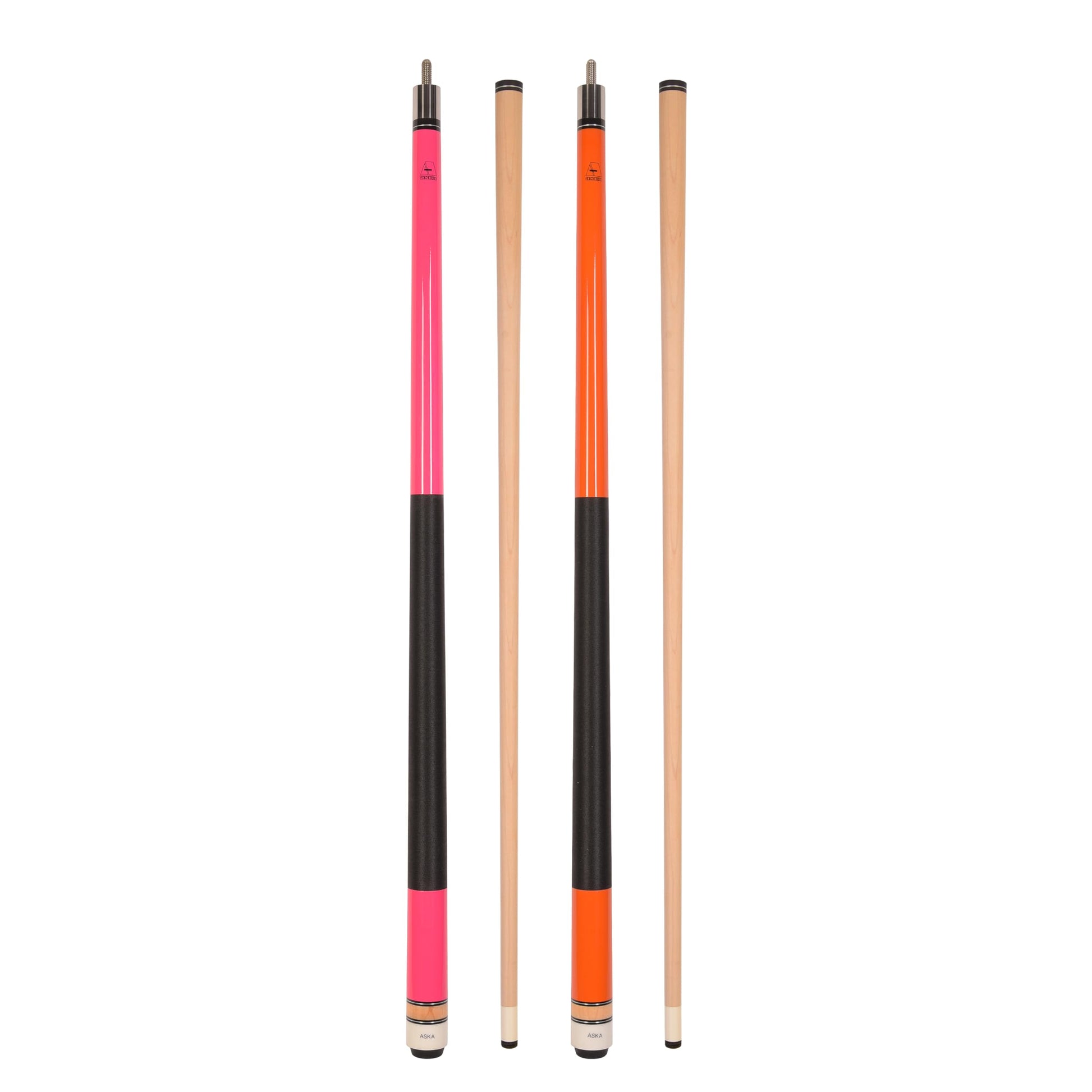 ASKA Set of 2 Pool Cue Sticks - Pink 19 oz and Orange 19 oz, nylon wrap