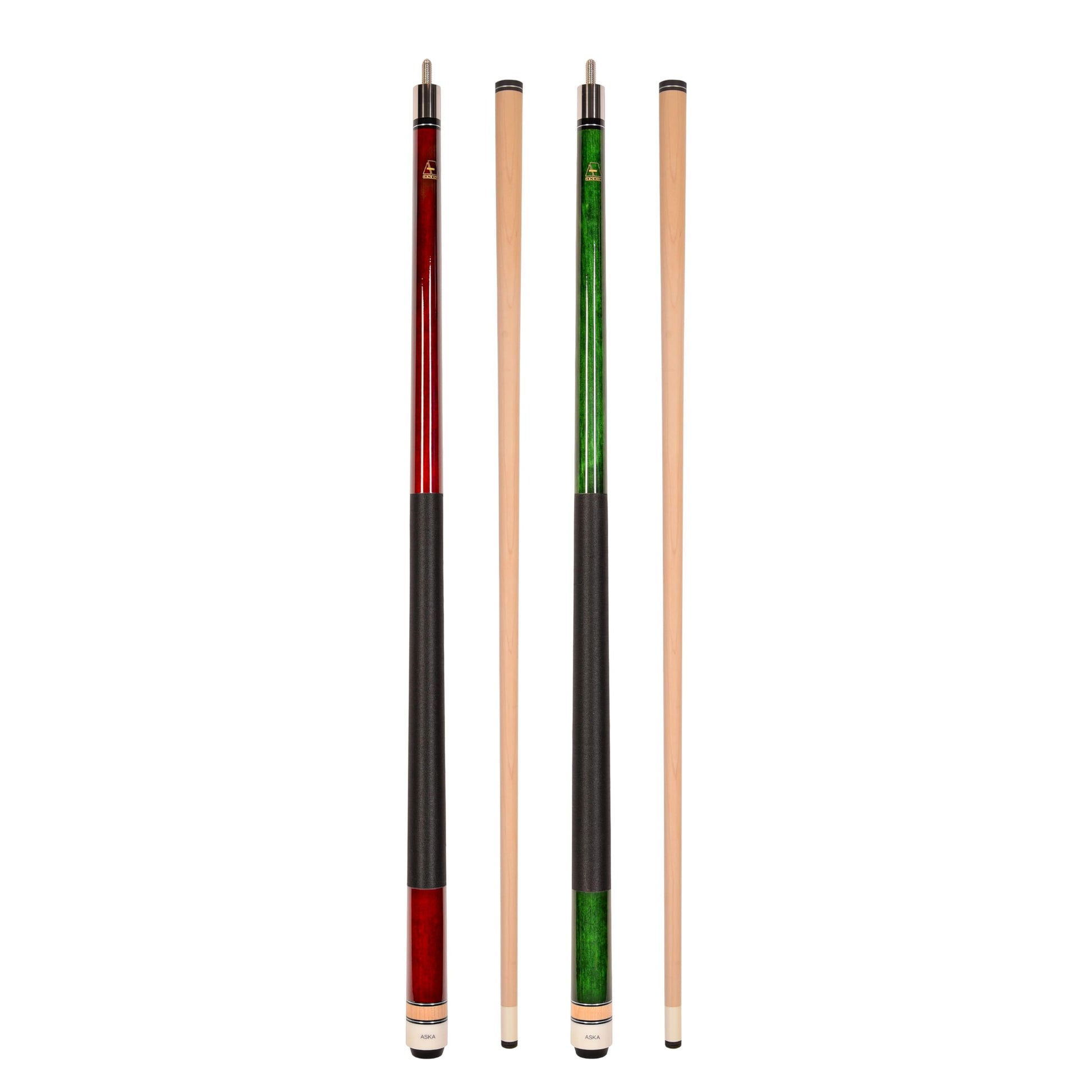 ASKA Set of 2 Pool Cue Sticks - Red 18 oz and Green 19 oz, nylon wrap
