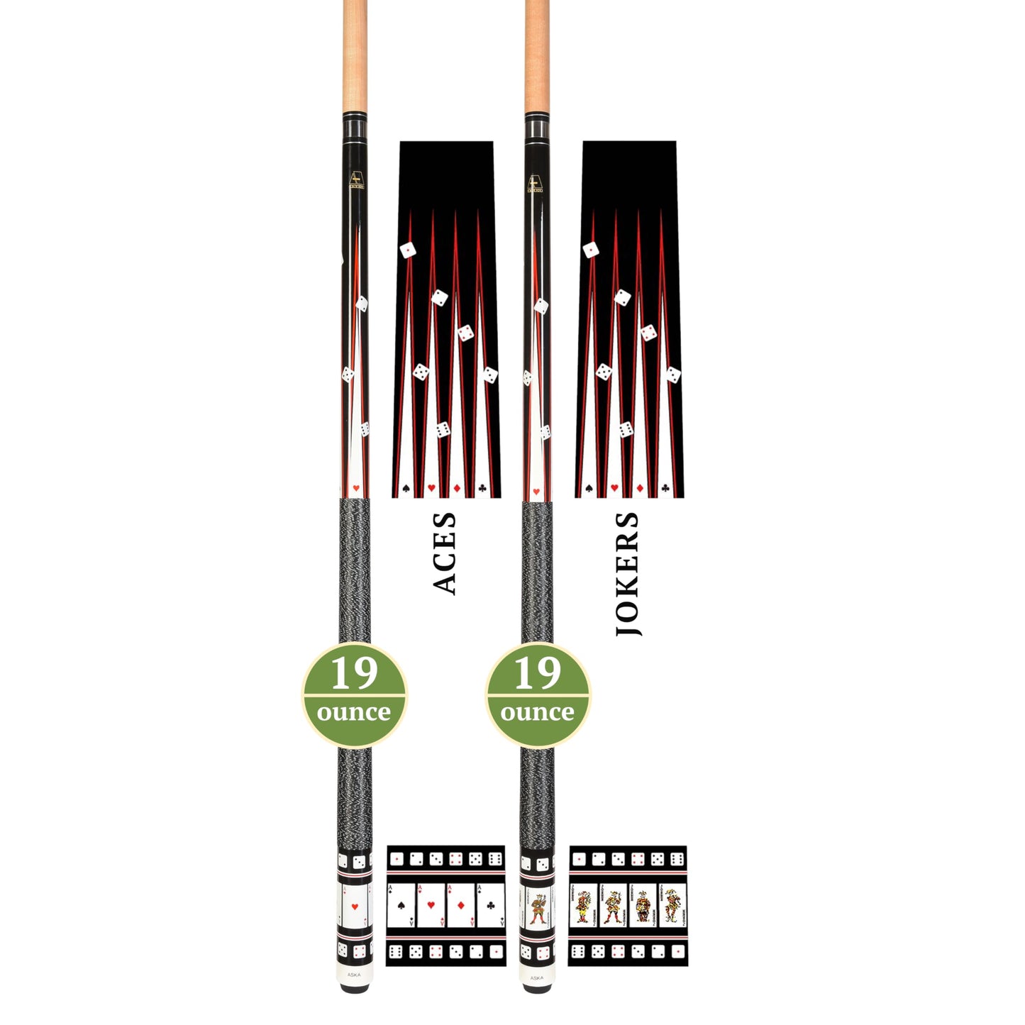 ASKA Set of 2 Poker Theme Pool Cue Sticks – Aces & Jokers, 58