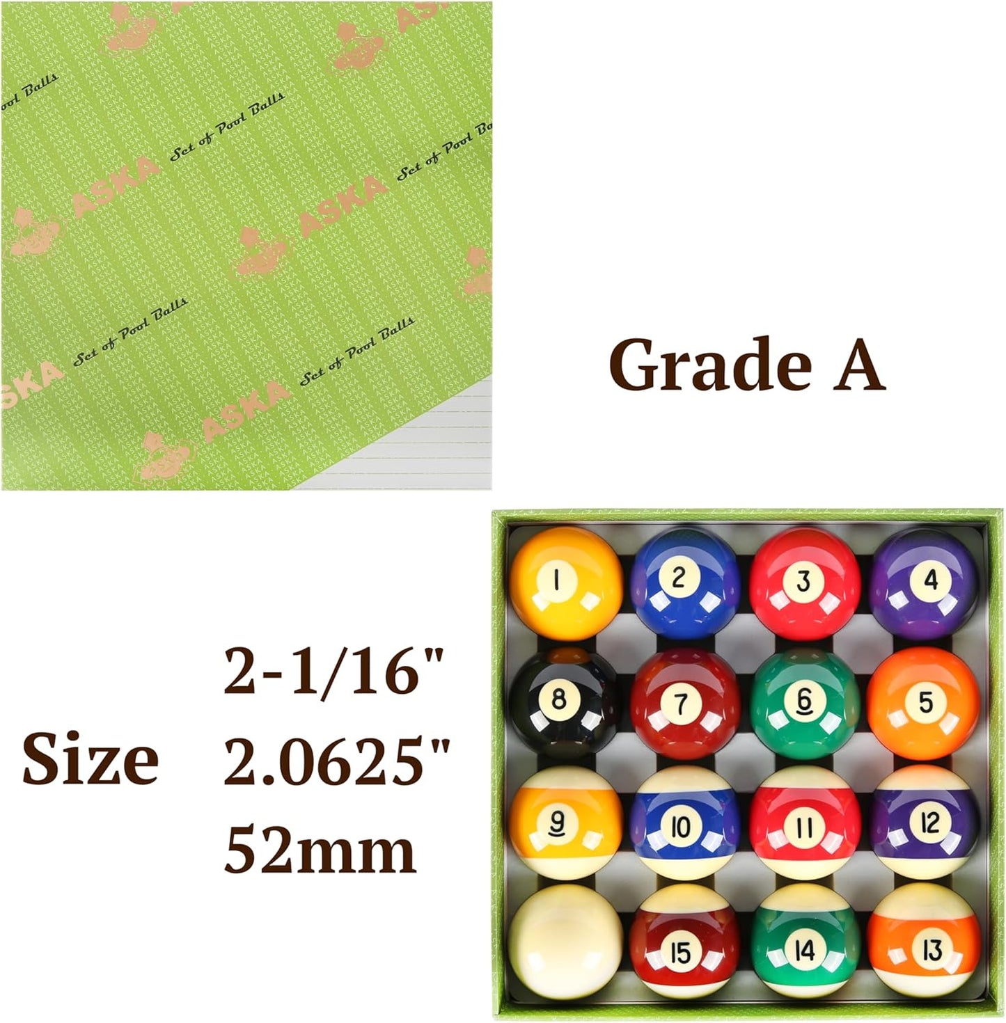 ASKA Grade A Pool Boston Numbered Balls Set, 2 1/16 inch (52.4mm), 16 Balls Including a Cue Ball, PB116A