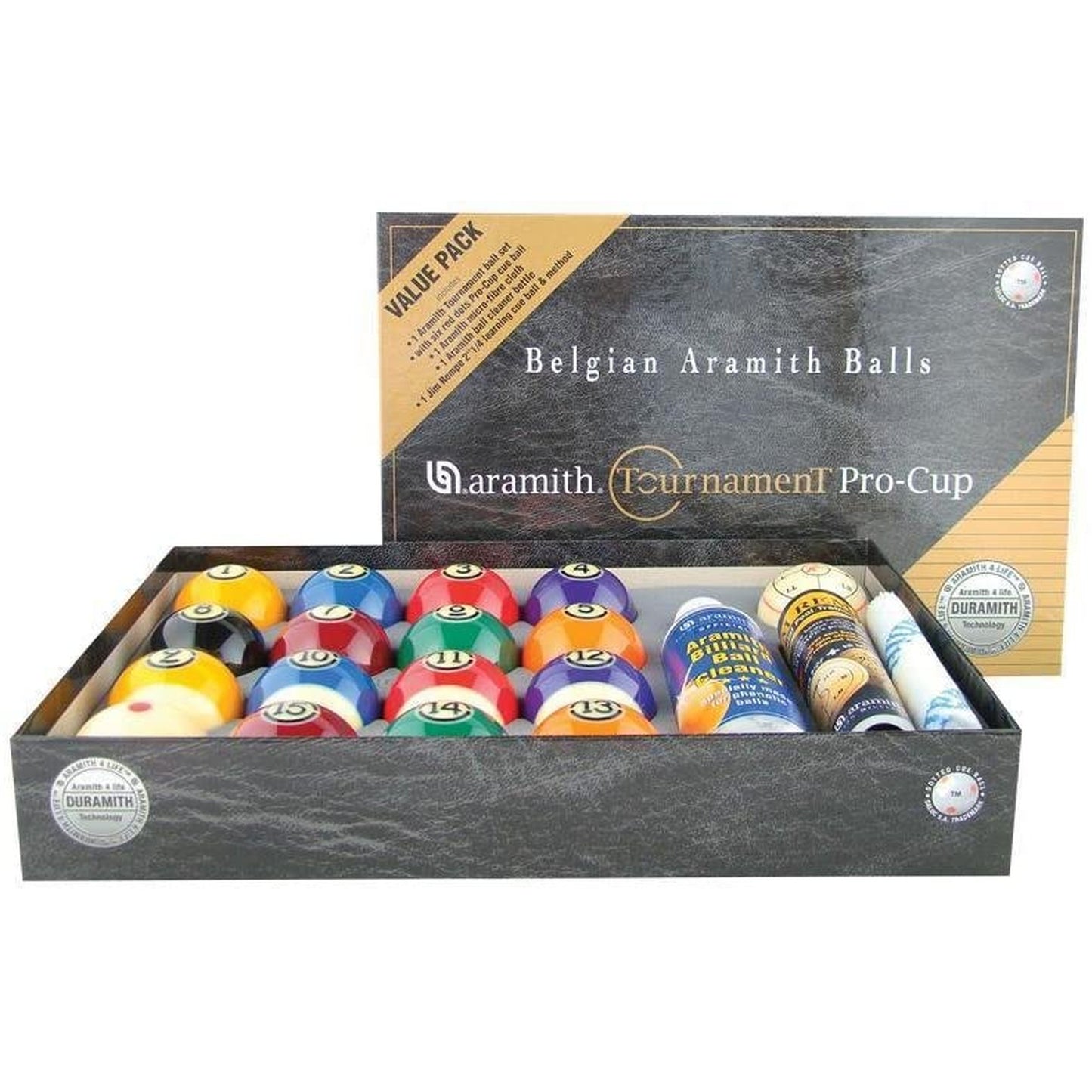 Full set view of Aramith Duramith Pro Cup Billiard Ball Value Pack, including 15 numbered balls, cleaner, cloth, and training ball. billiard pool cue stick by ASKA