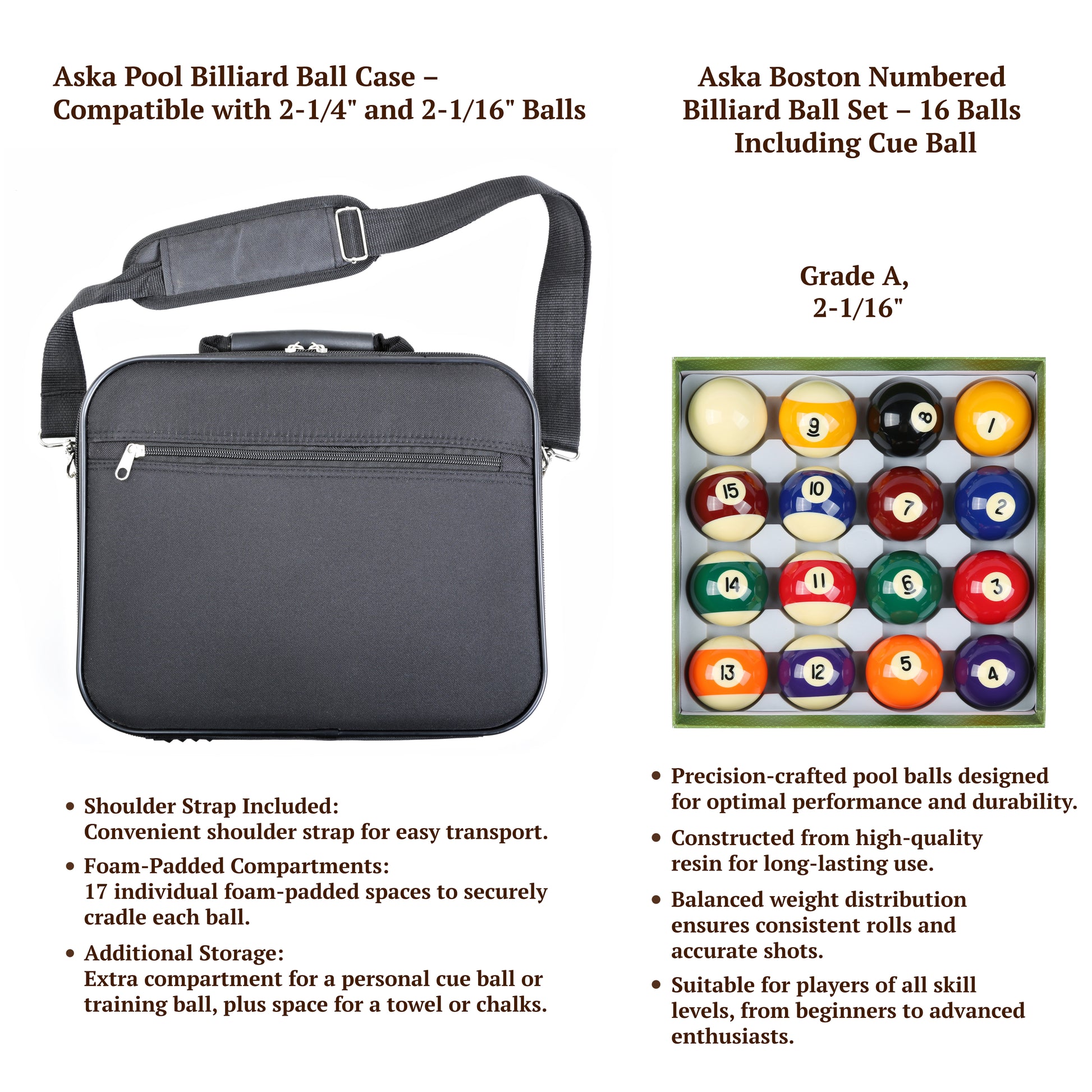 ASKA Pool Ball Set + Travel Case Bundle – Grade A 2-1/16" Balls & 17-Slot Case – PBC1+PB116A — view 2