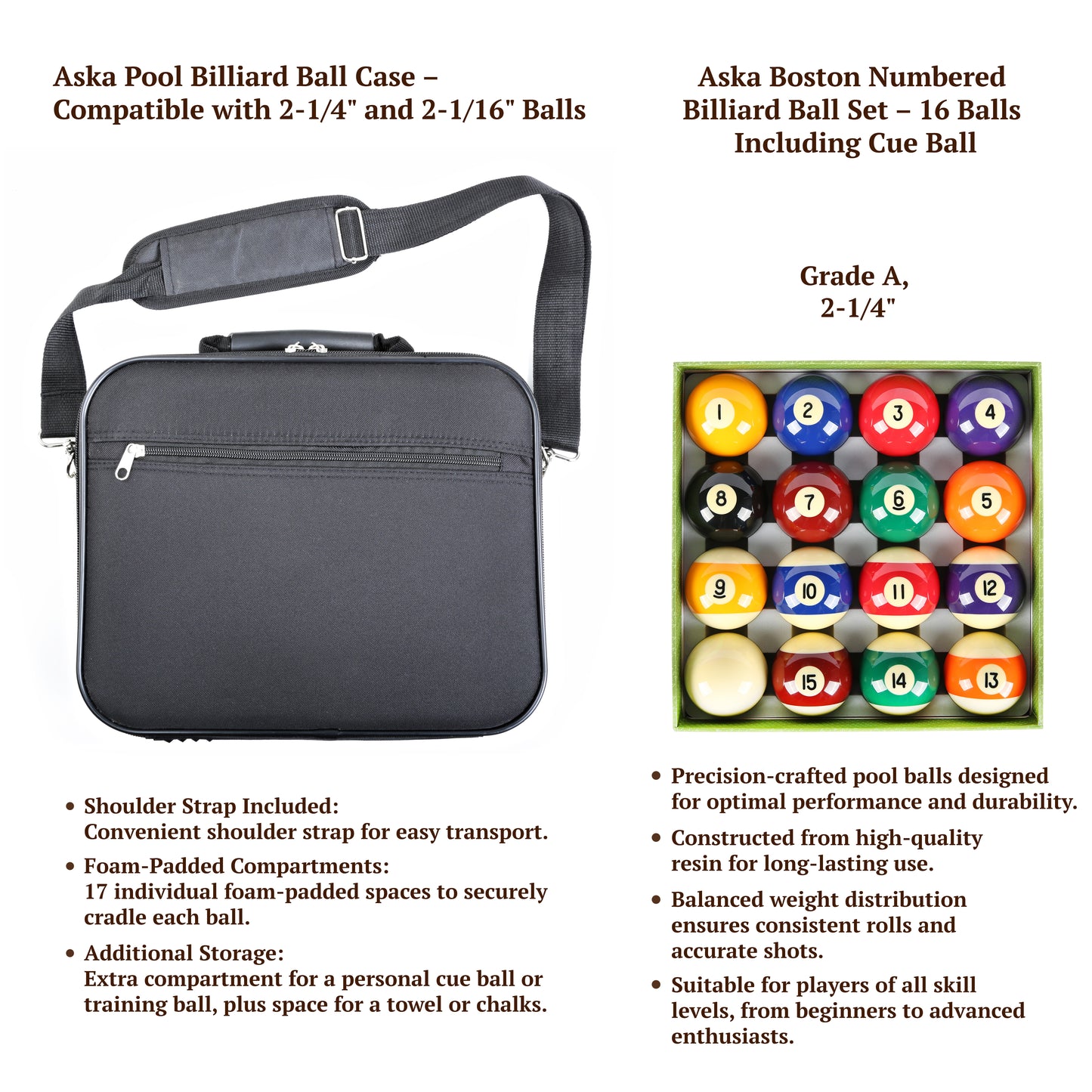 ASKA Pool Billiard Ball Travel / Storage Case With ASKA Grade A, 2-1/4 Set of Pool Balls, PBC1+PB01A