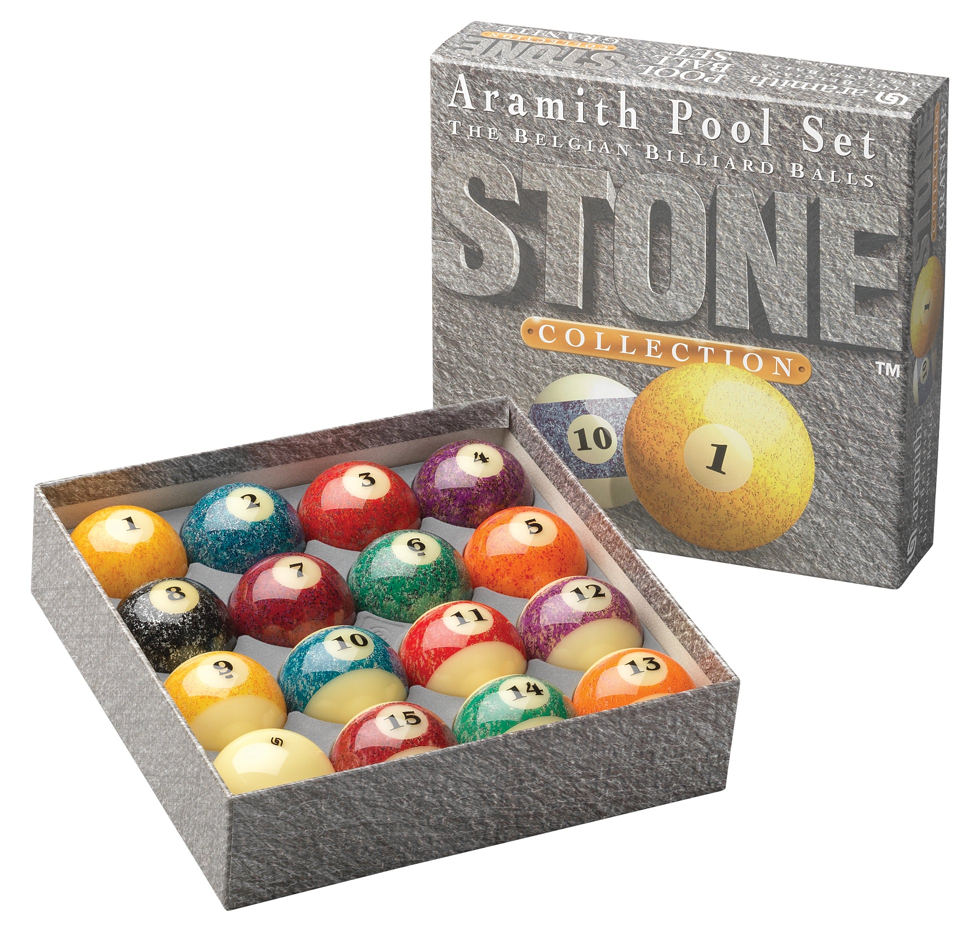 Aramith Stone Collection billiard balls, close-up of the distinctive granite pattern on a few balls.