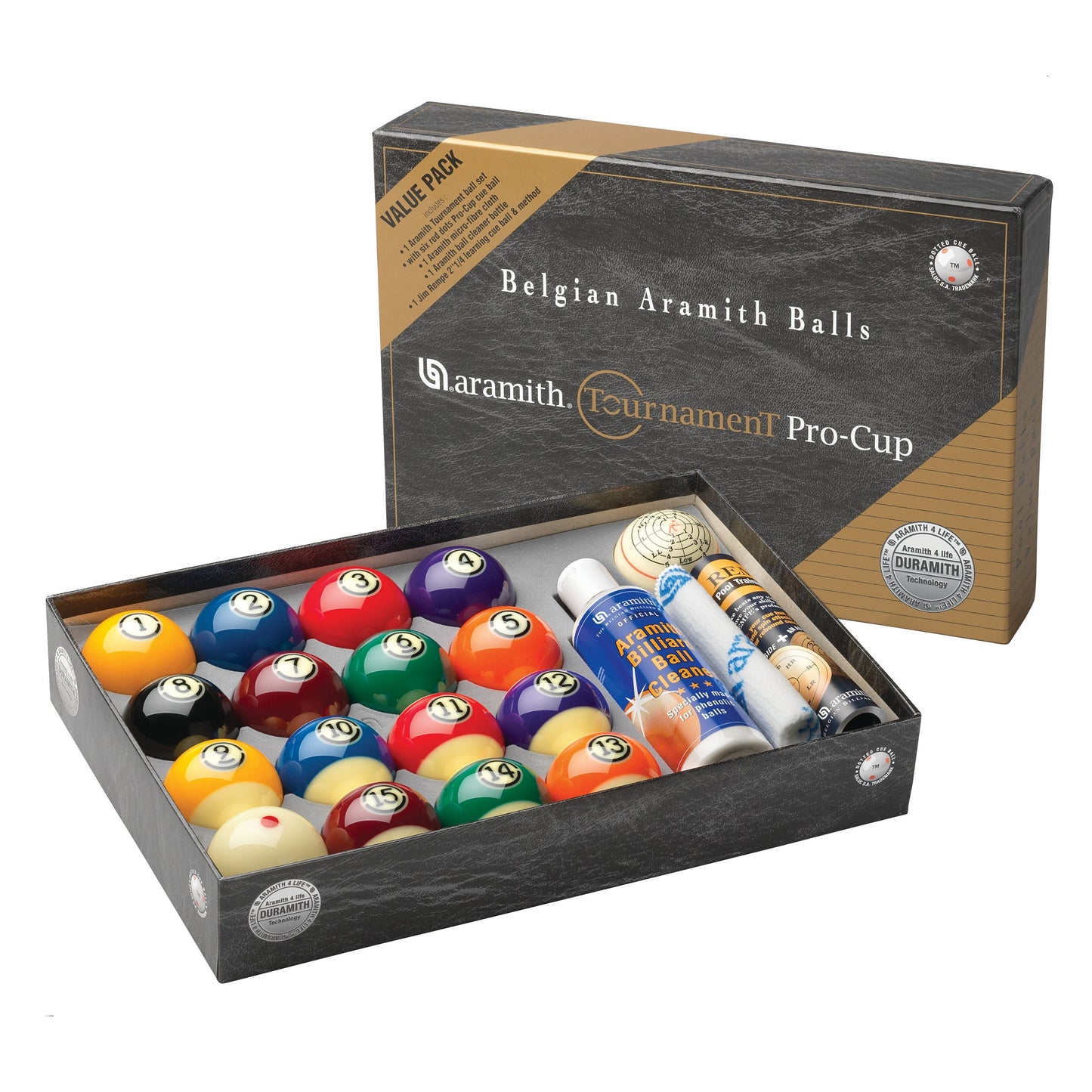 Close-up of Aramith Tournament Duramith Pro Cup Billiard Ball Set, showing bright numbered pool balls and logo cue ball. billiard pool cue stick by ASKA