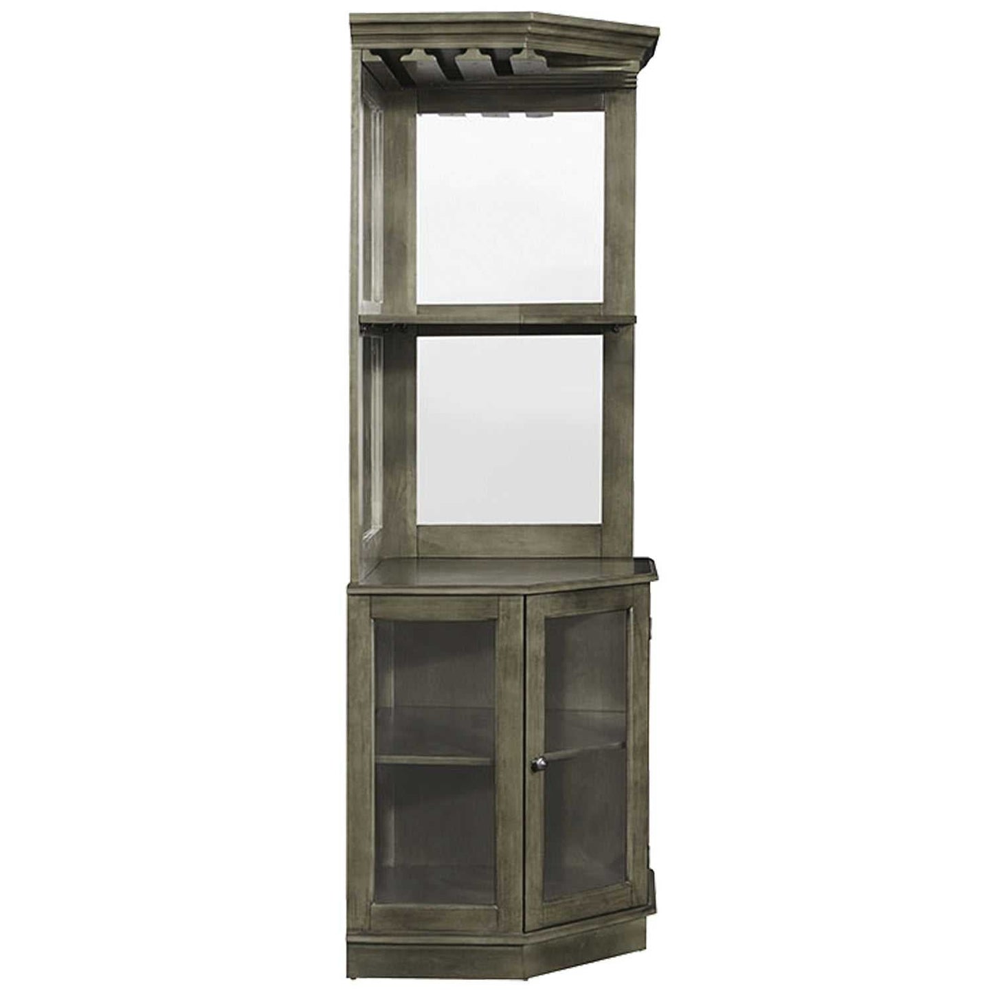 Side profile of the corner bar cabinet showing its structure.