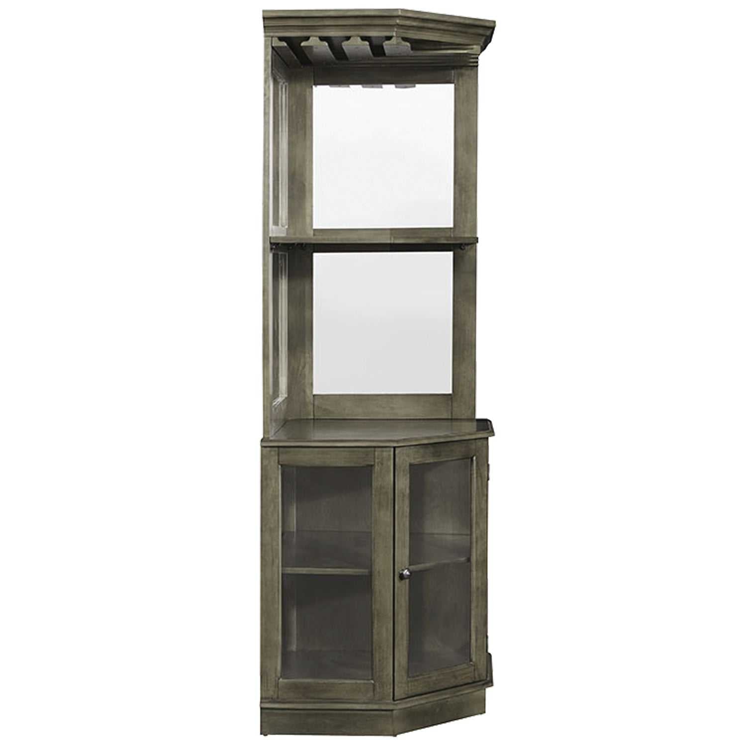 Side profile of the corner bar cabinet showing its structure.