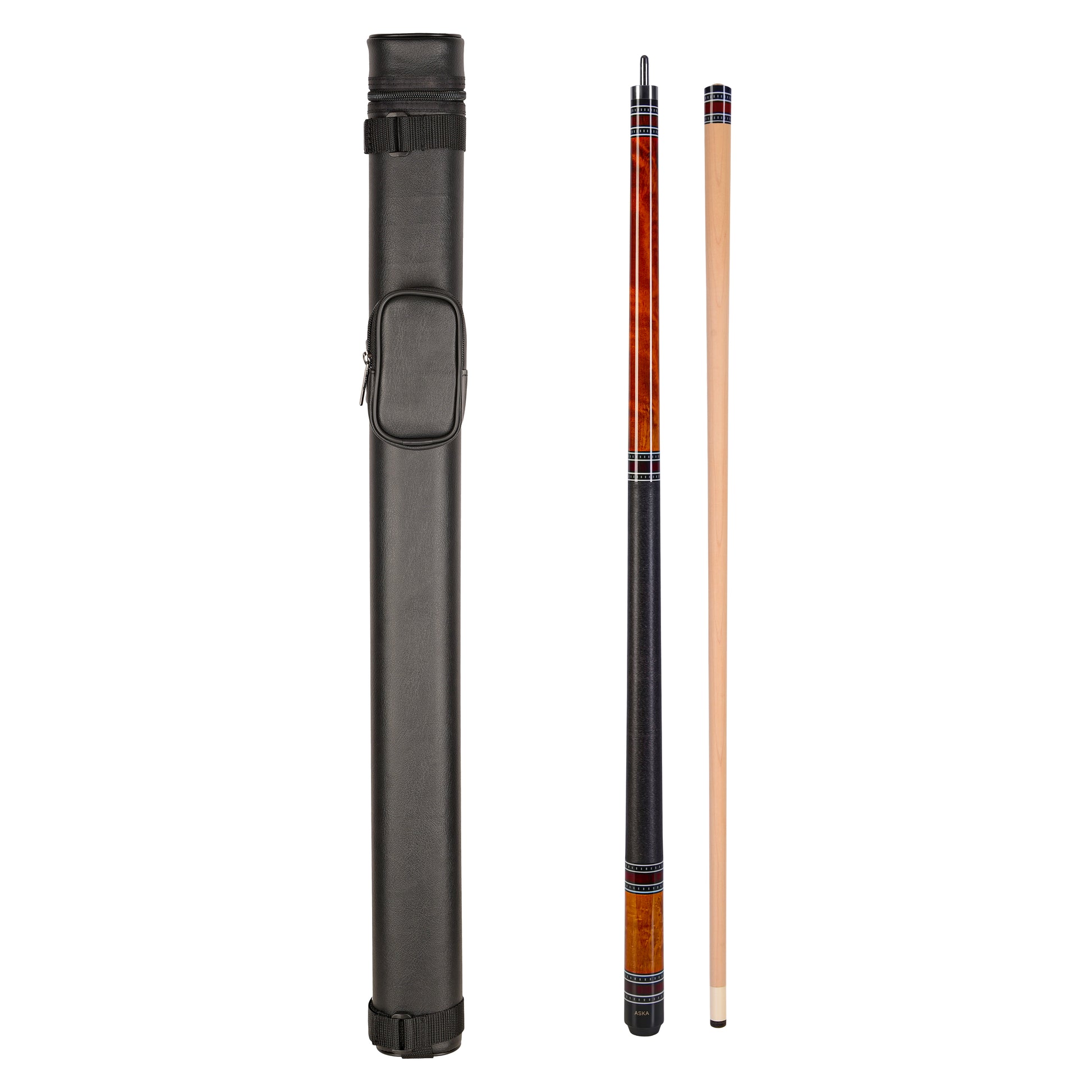 ASKA A1 Brown Cue and 1x1 Case set on white background. C11A1BRN