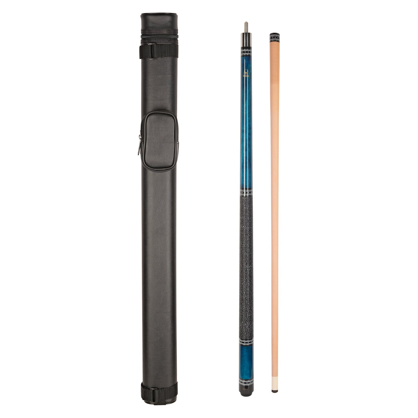 ASKA L9 Blue Pool Cue and 1x1 Case Combo laid out. C11L9BLU