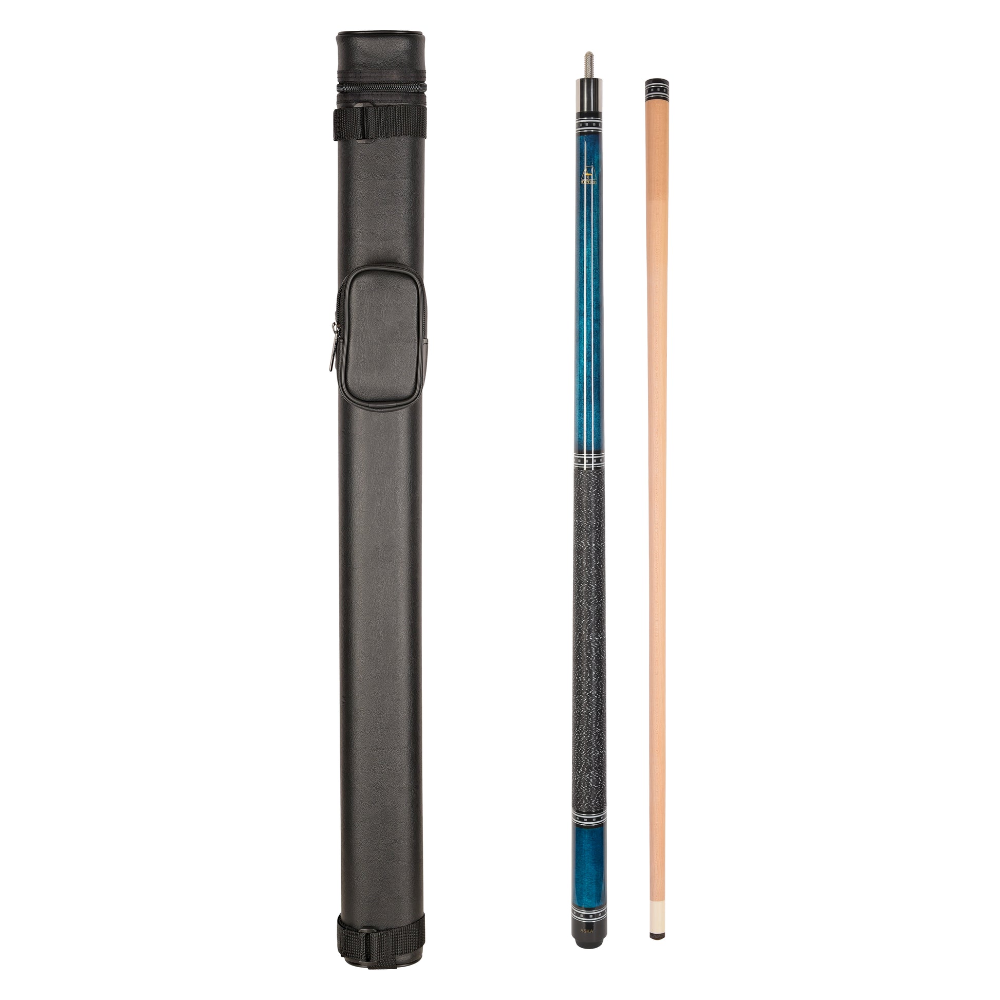ASKA L9 Blue Pool Cue and 1x1 Case Combo laid out. C11L9BLU
