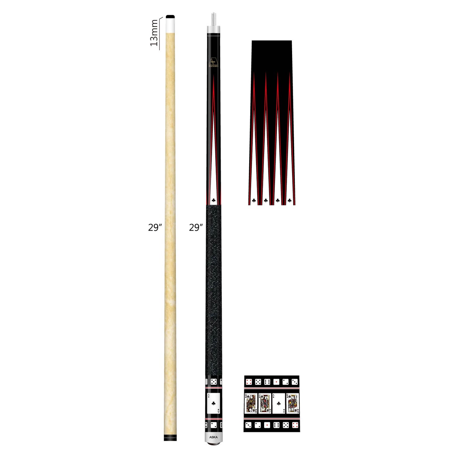 ASKA Poker CLUBS Cards and Dice Billiard Pool Cue, 58" Hard Rock Canadian Maple, Hard Tip, CD4