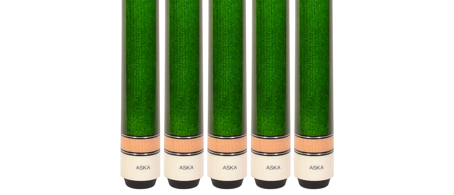 Set of 5 Aska L3 Green Pool Cue Sticks, 58", 13mm Tip, Hard Rock Canadian Maple Shaft, Wrapless, L3S5GRN