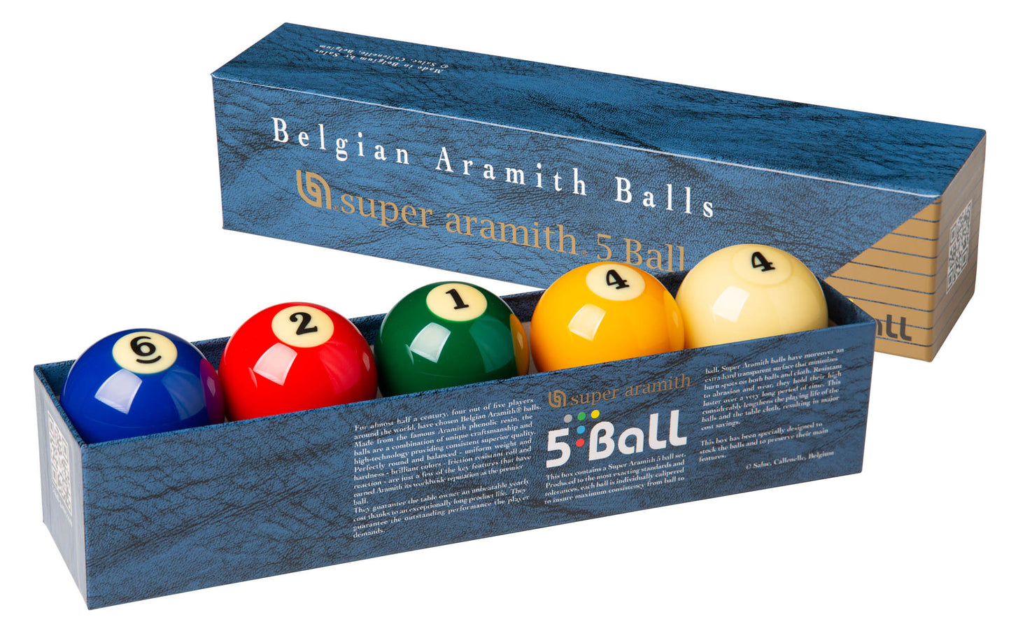 Five billiard balls in their blue presentation box. Numbers 6, 2, 1, 4, 4