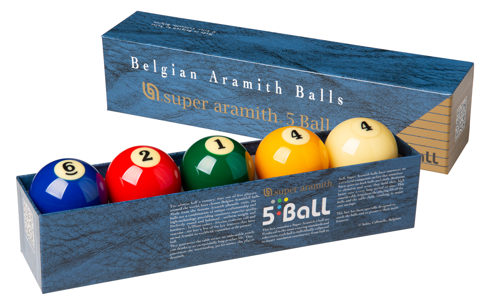 Billiard balls 6, 2, 1, 4, 4 displayed in a custom fitted box.