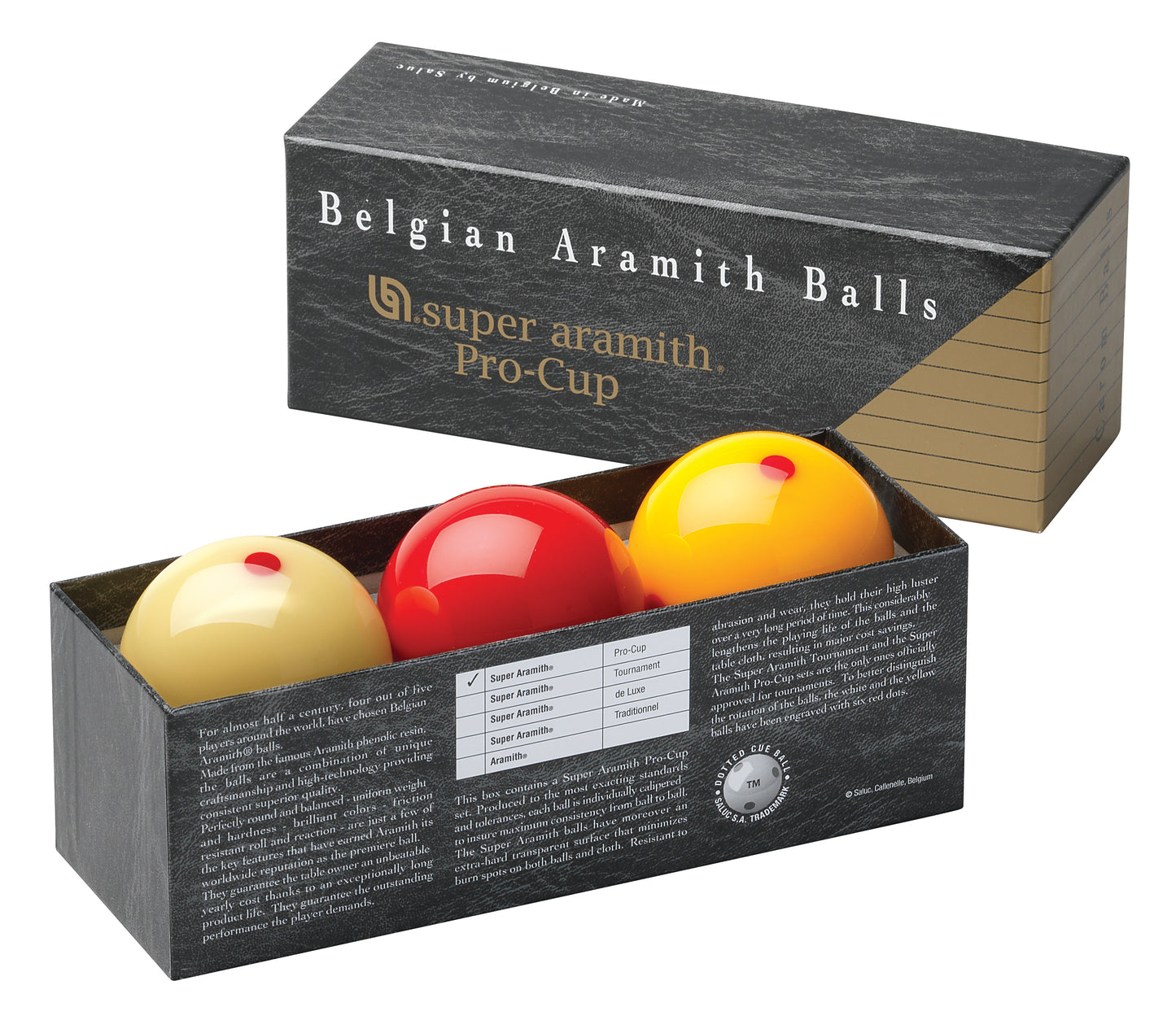 Close-up view of Super Pro-Cup billiard balls inside packaging.