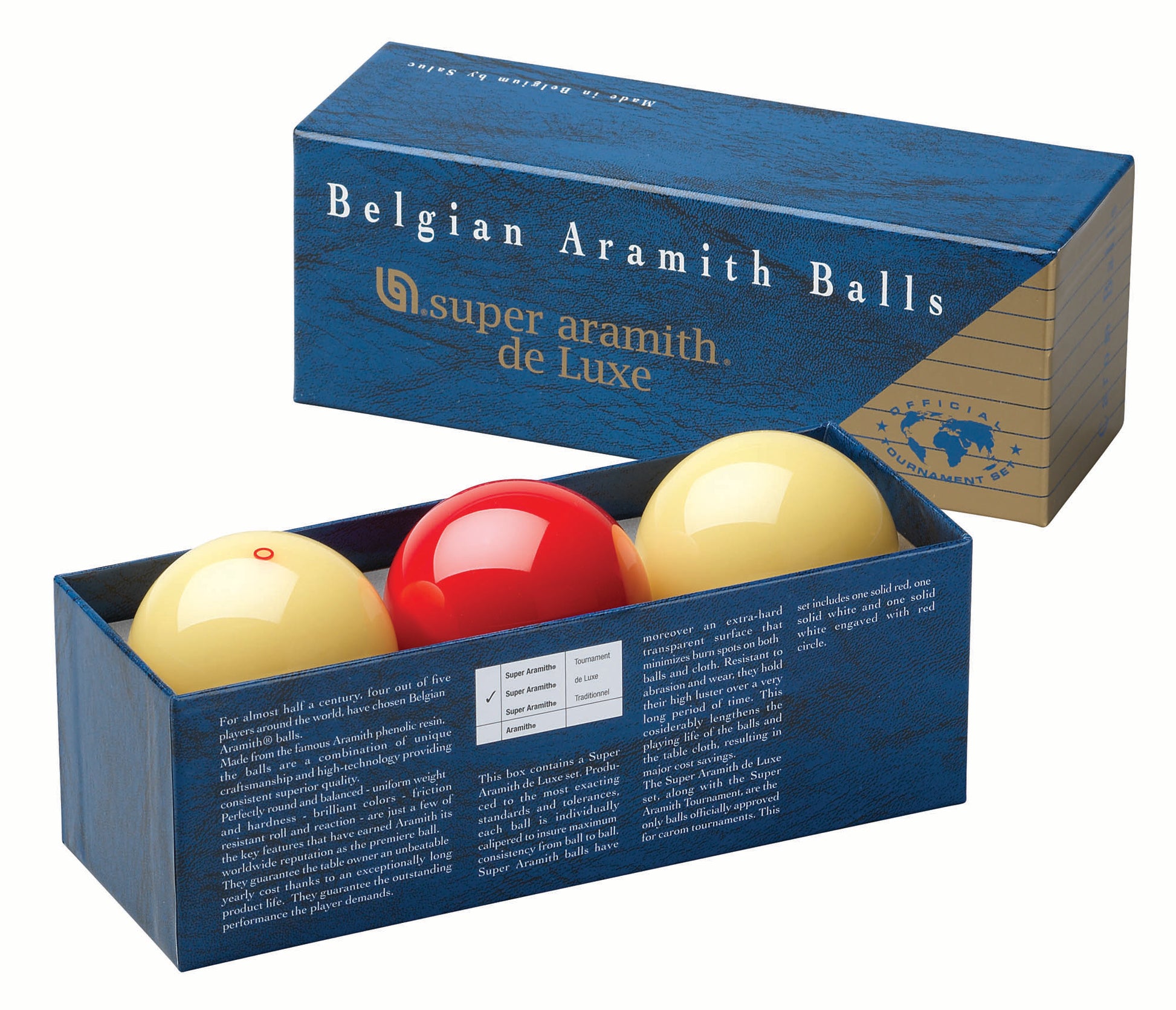 Three Belgian Super de Luxe billiard balls in a box.