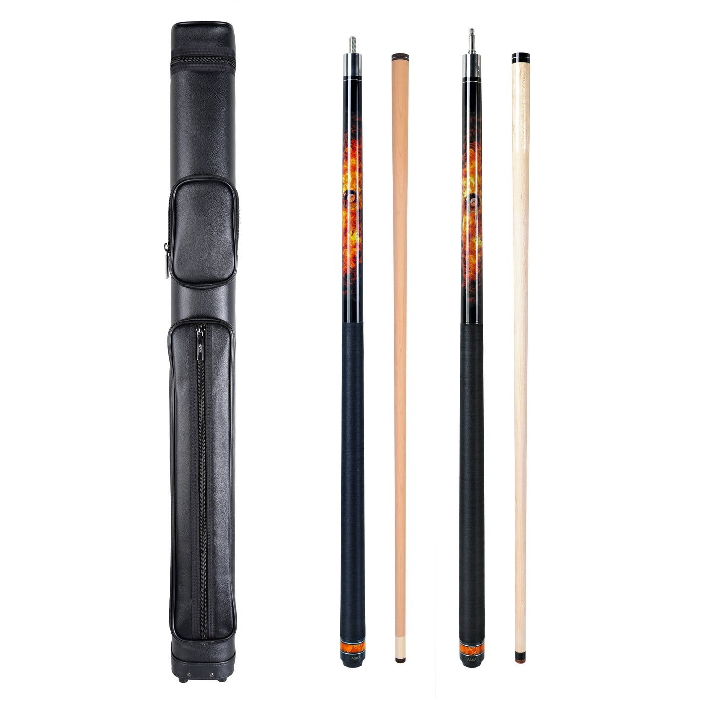 ASKA Fireball cue and case combo with two shafts and two butt sections. C22FB