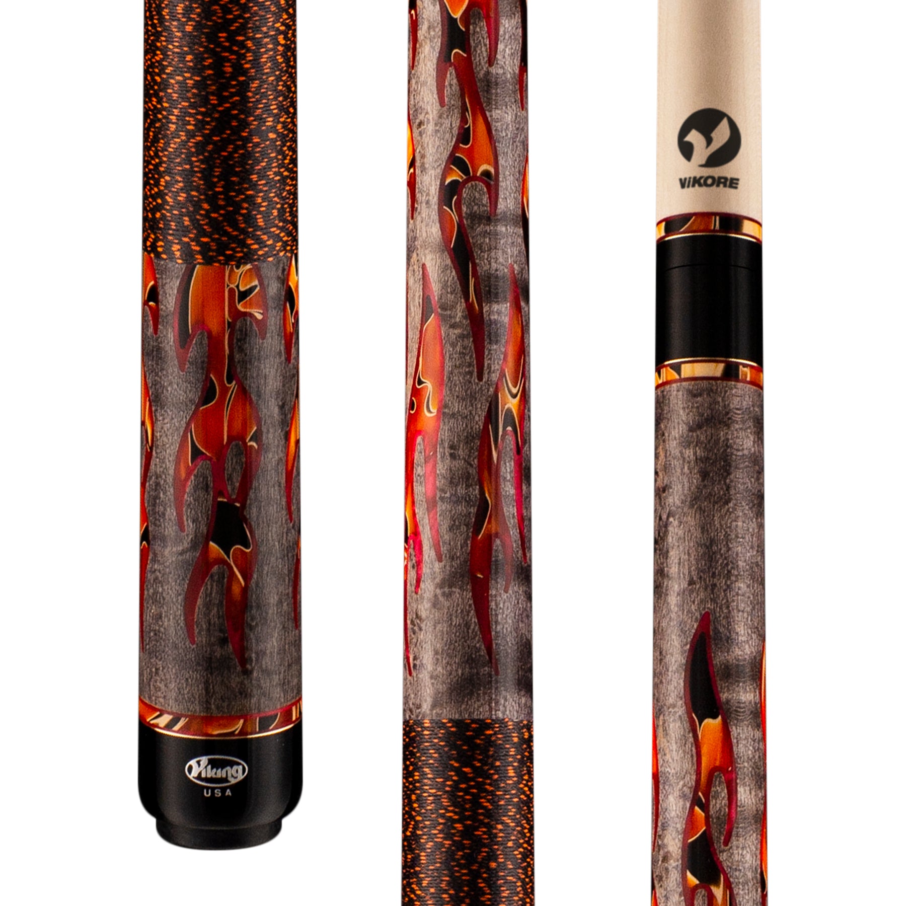 Viking Defender DF0411 pool cue detail views showing flame design and Vikore shaft.