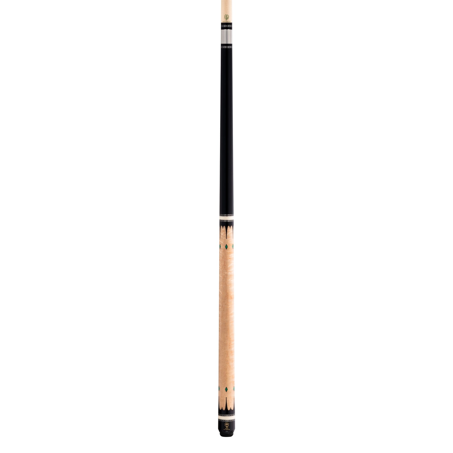 Full profile view of a pool cue stick against a white background