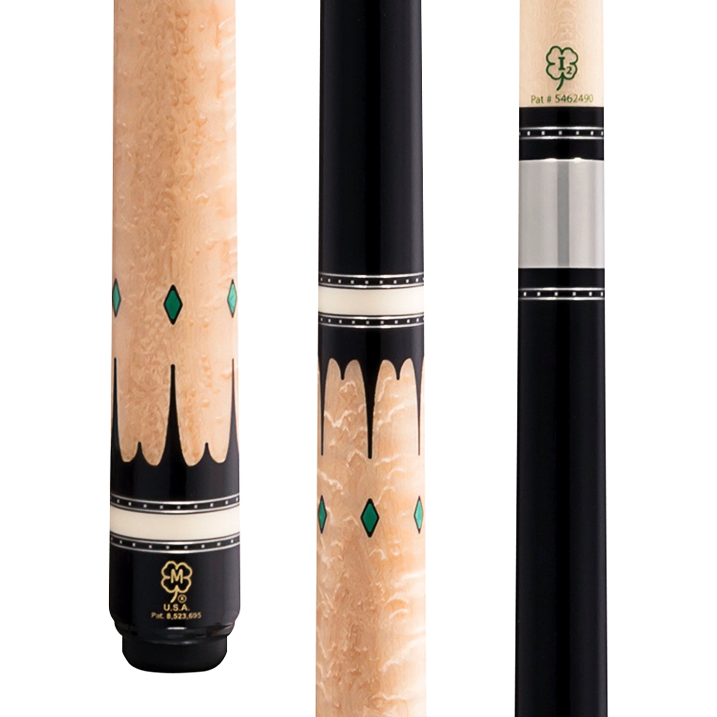 McDermott H851 pool cue with birdseye maple handle and green graphic design