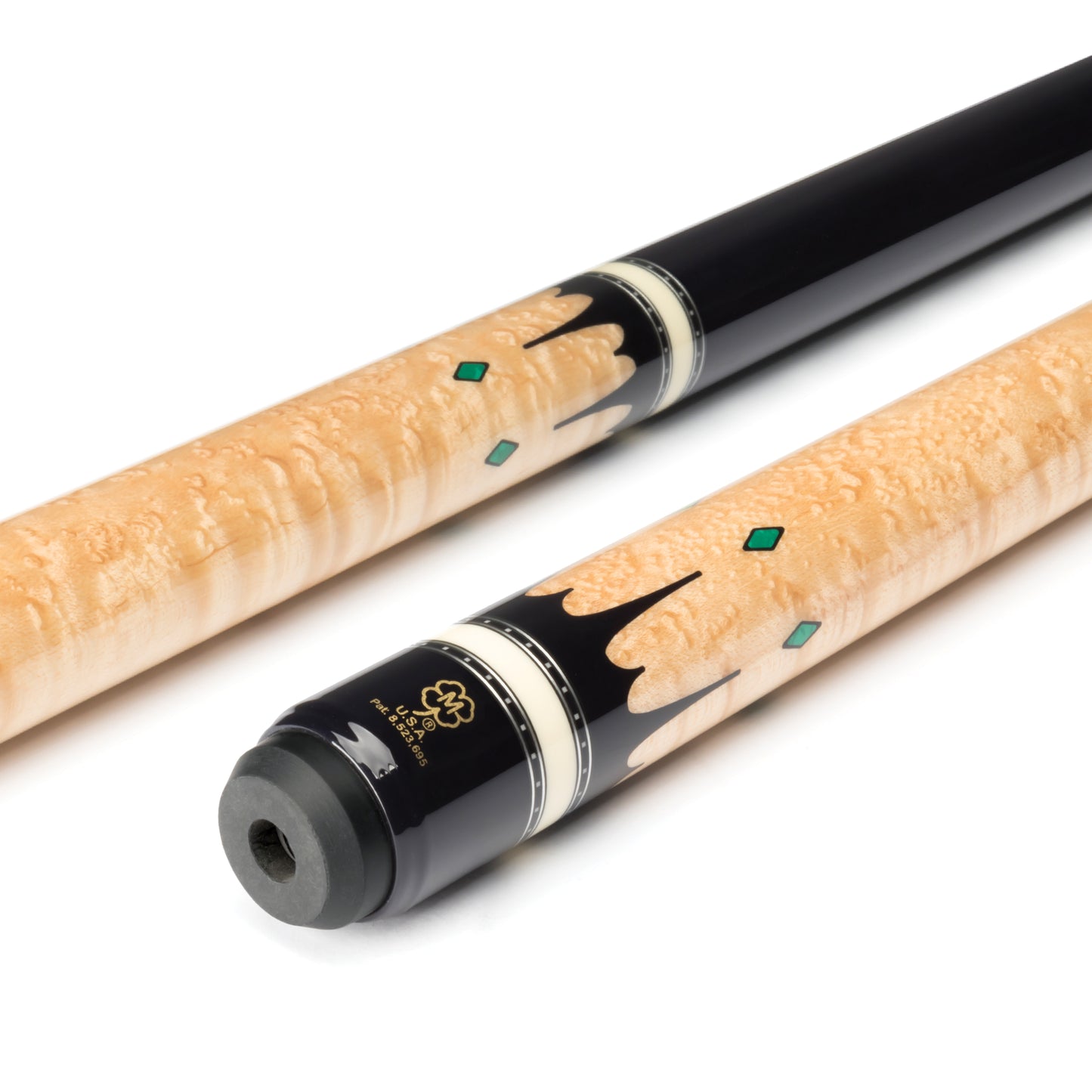 Close-up angled view of cue handle with flame-like black graphic design