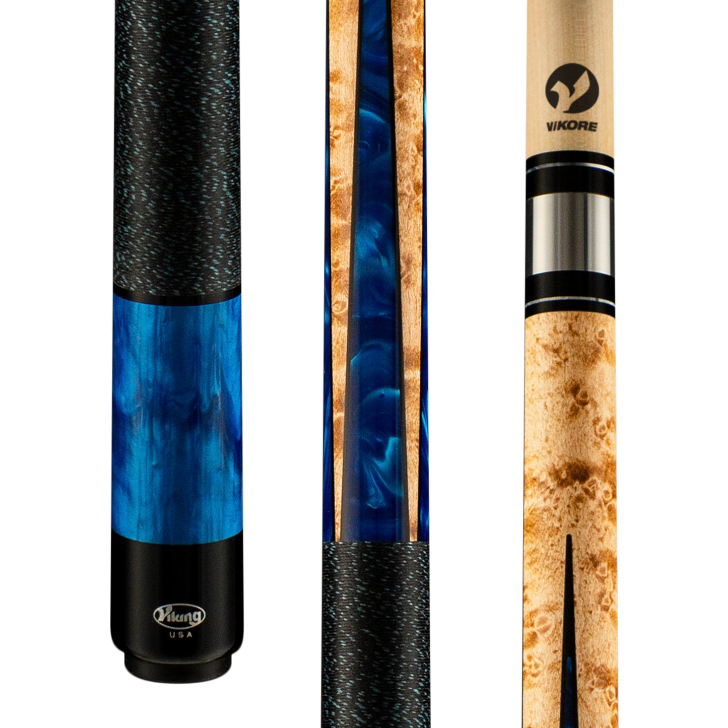 Viking Helix HL0304 pool cue butt with black wrap and blue graphic design.