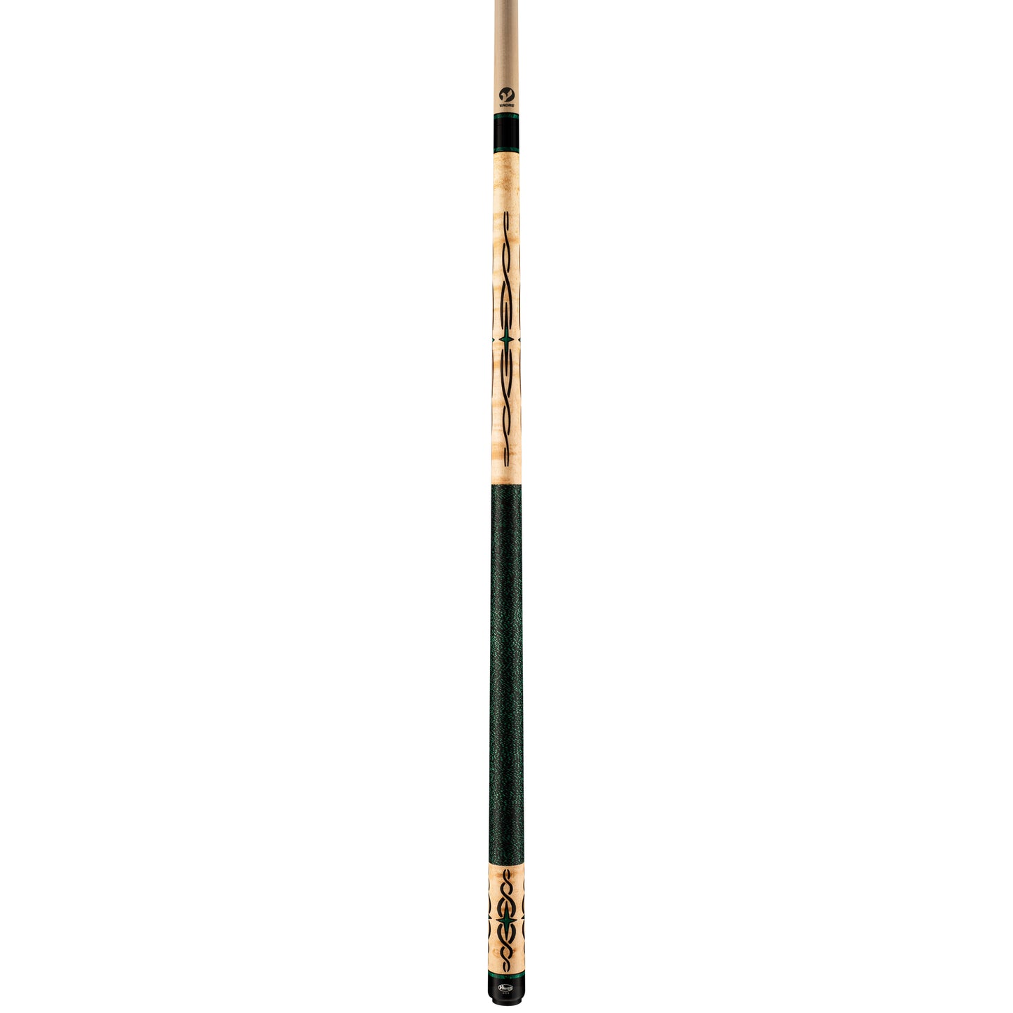 Full view of pool cue with green wrap and decorative accents.